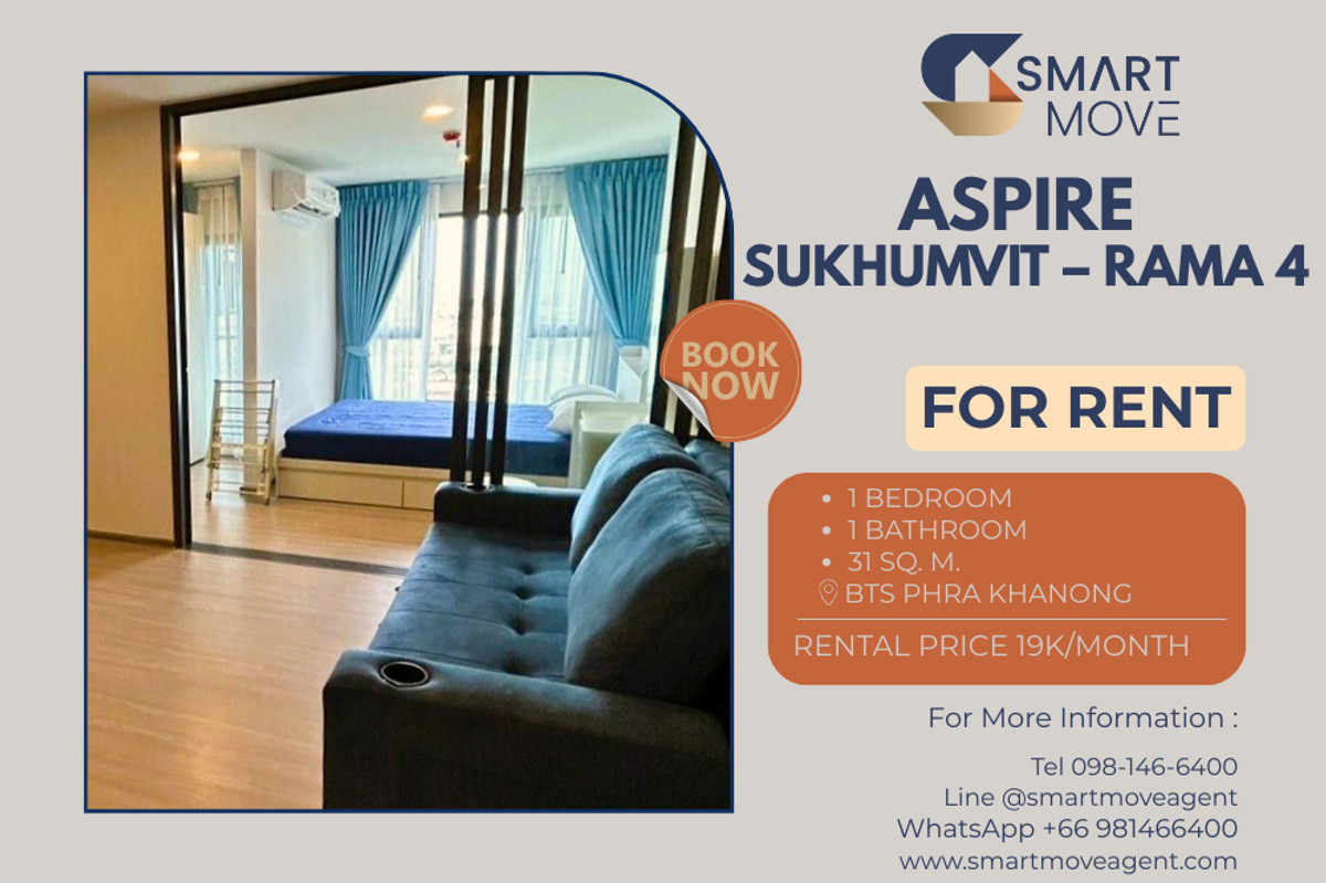 ให้เช่าคอนโดคลองเตย กล้วยน้ำไท : 🔥 สำหรับเช่า !! ชั้นสูง 28++, ทำเลดี!! 🔥 Code C20260100021..........Aspire Sukhumvit – Rama 4, 1 ห้องนอน, 1 ห้องน้ำ, แต่งครบ, พร้อมเข้าอยู่📣📣