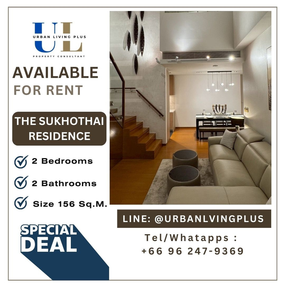 ให้เช่าคอนโดสาทร นราธิวาส : ( UL2601143 ) ✨Tel/Line 096-2479369✨ สำหรับเช่า เดอะ สุโขทัย เรสซิเดนซ์เซส, 2 ห้องนอน 2 ห้องน้ำ ขนาด 156 ตร.ม. ห้องสวย Type Duplex