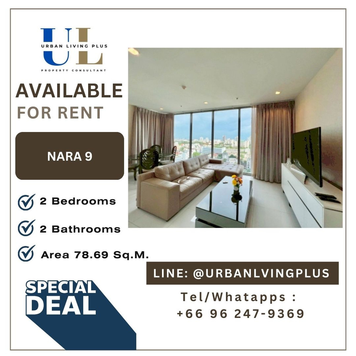 ให้เช่าคอนโดสาทร นราธิวาส : ( UL2601133 ) Tel/Line 096-2479369 !! ให้เช่า นาราไนท์ 2 ห้องนอน 2 ห้องน้ำ 78.69 ตร.ม. ห้องสวย ทิศใต้  !!! 🔥🔥🔥