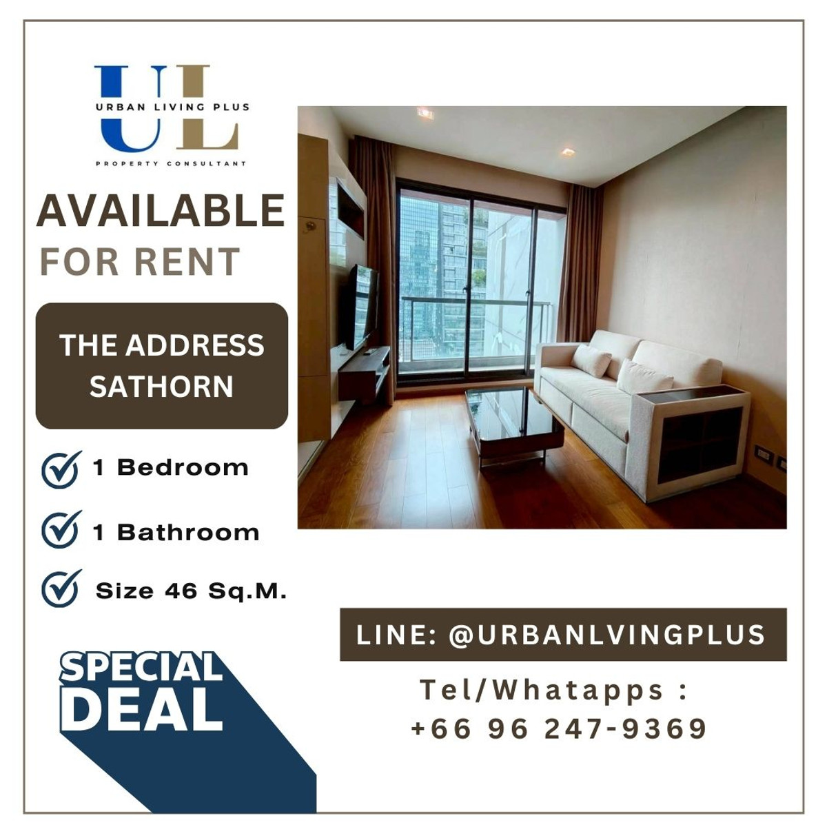 For RentCondoSathorn, Narathiwat : ( UL2601162 ) Tel/Line 096-247-9369✨ FOR RENT The Address Sathorn  / 1 bedroom, 1 bathroom, 46 Sq.M. furnished, Special Deal!!