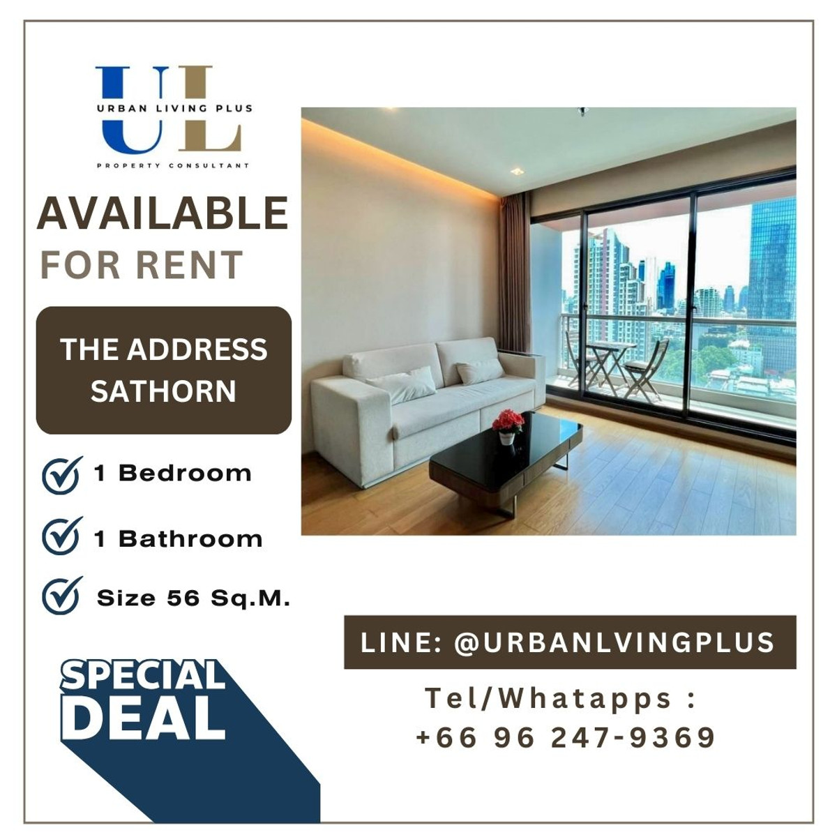 For RentCondoSathorn, Narathiwat : ( UL2601161 ) Tel/Line 096-247-9369✨ FOR RENT The Address Sathorn  / 1 bedroom, 1 bathroom, 56 Sq.M. furnished, Special Deal!!