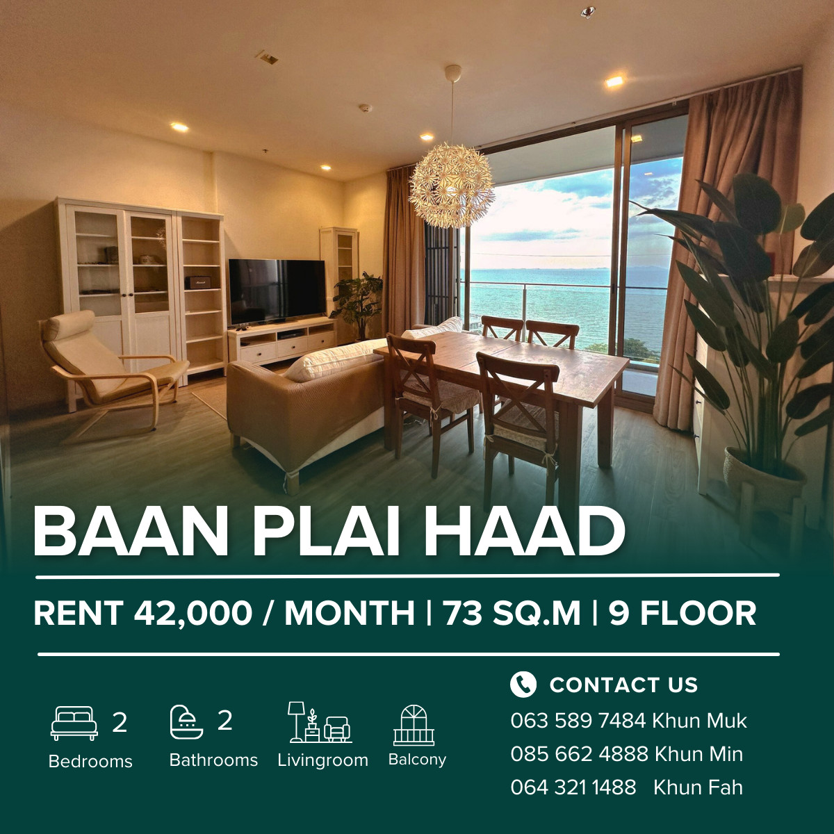 For RentCondoPattaya, Bangsaen, Chonburi : 🔥 Sea View Condo for Rent – Baan Plai Haad Wongamat | 2BR 73 sq.m. | 42,000 THB/month