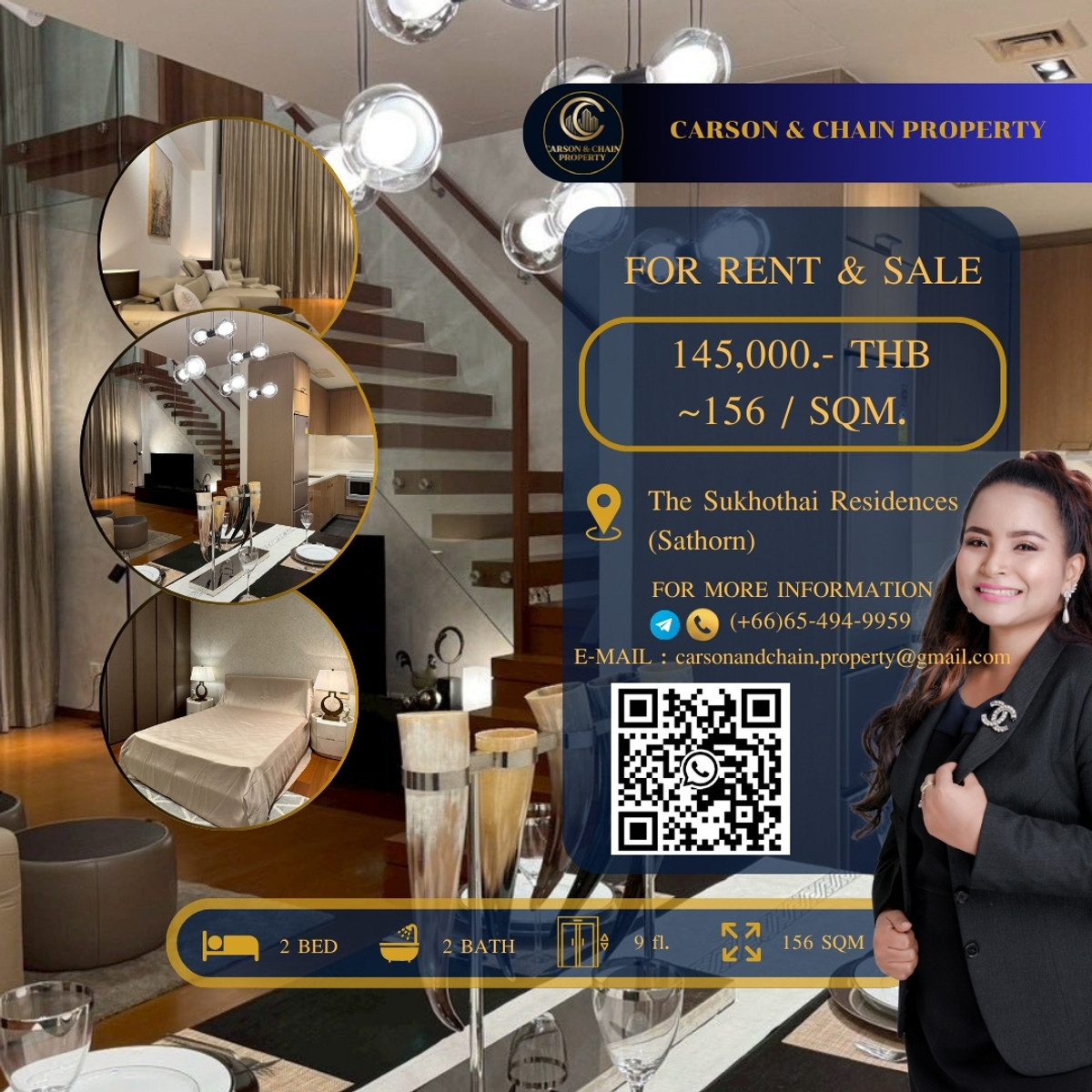 ให้เช่าคอนโดสาทร นราธิวาส : Carson&Chain❗️RENT❗️The Sukhothai Residences │  2 BR  │ 145,000 THB │ High Floor 