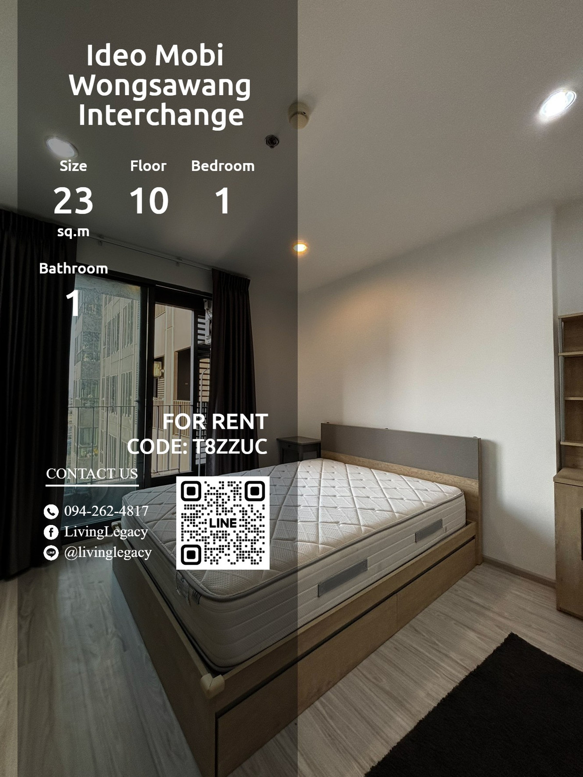 ให้เช่าคอนโดบางซื่อ วงศ์สว่าง เตาปูน : T8ZZUC ให้เช่าคอนโด Ideo Mobi Wongsawang Interchange 23 ตร.ม. ชั้น 10 line id : @livinglegacy