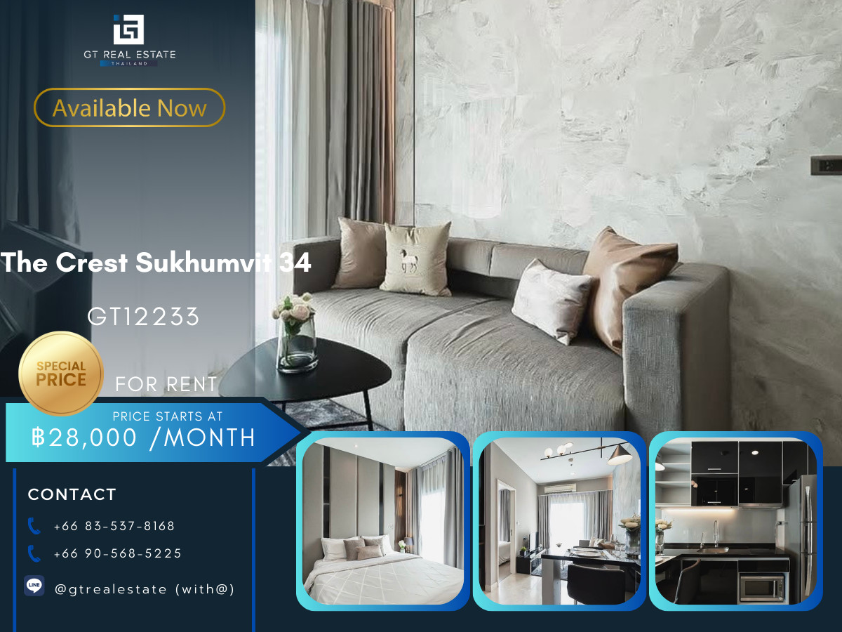 For RentCondoSukhumvit, Asoke, Thonglor : Condo The Crest Sukhumvit 34, convenient travel, near BTS, there is a shuttle, beautiful room, fully furnished!!