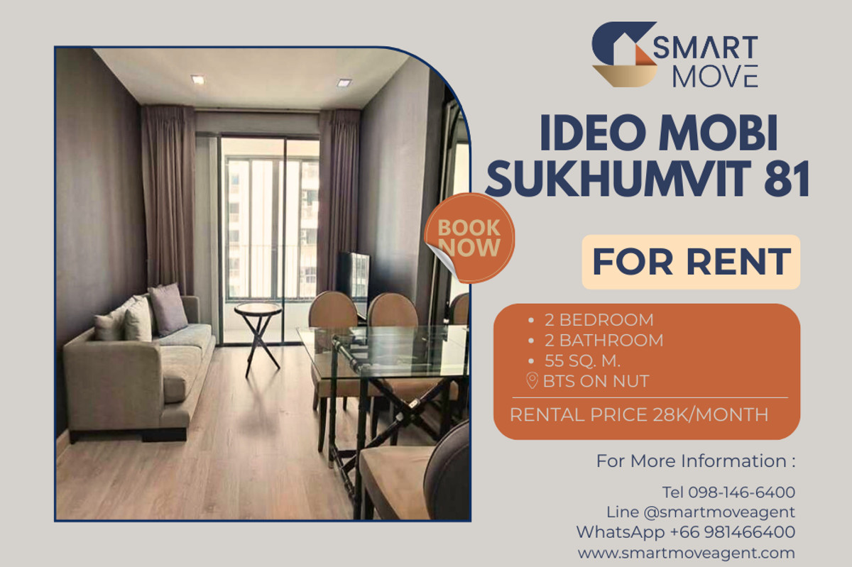 For RentCondoOnnut, Udomsuk : 🔥 For Rent !! high floor 10++, Good location!! 🔥 Code C20260100029..........Ideo Mobi Sukhumvit 81, 2 bedroom, 2 bathroom, furnished, ready to move in📣📣