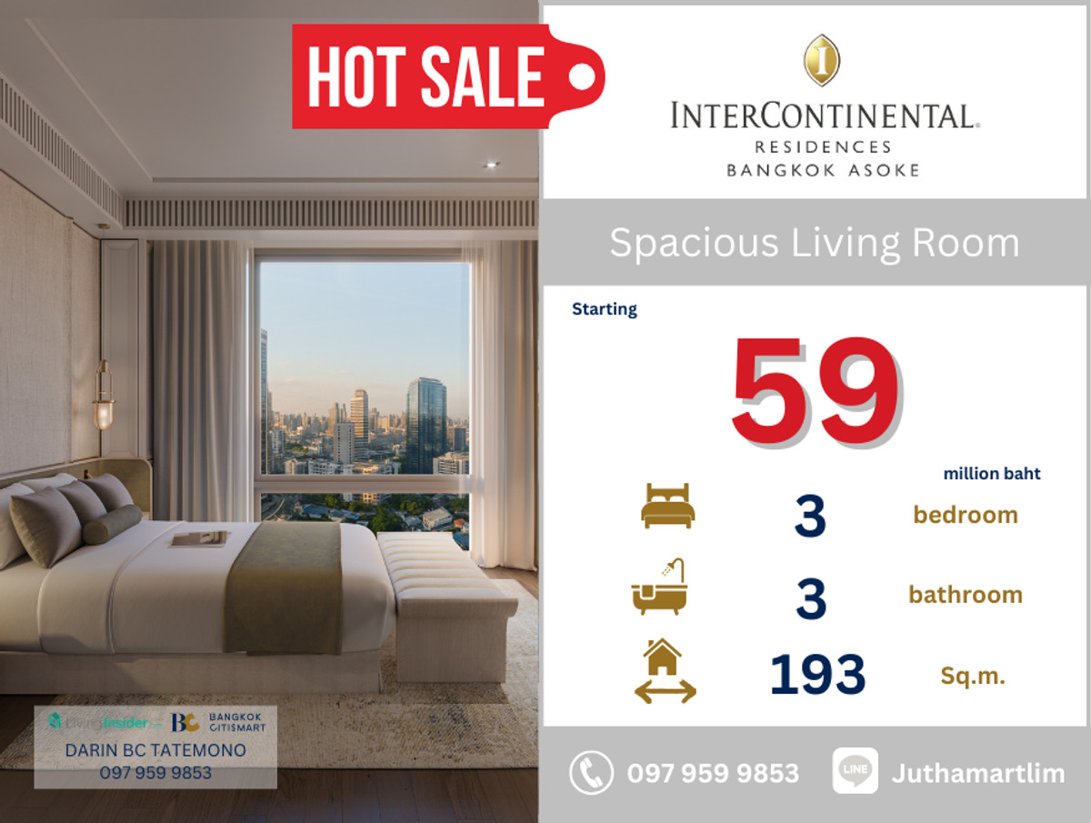 For SaleCondoSukhumvit, Asoke, Thonglor : InterContinental Residences Bangkok Asoke 3 bedrooms, 3 bathrooms (+1 Powder room) 193 sq m, 6th floor, price 59,000,000 baht