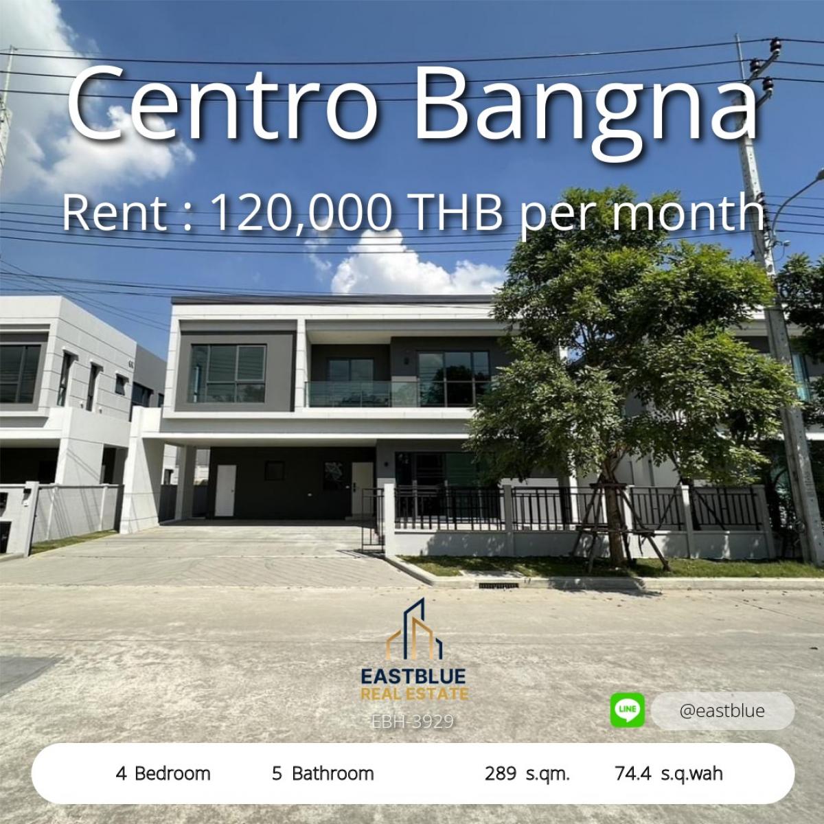 For RentHouseBangna, Bearing, Lasalle : Centro Bangna, a luxury house with 4 bedrooms, 5 bathrooms, and large land. 
Rent 120,000 baht/month or sell for 17.8 million, great value position!