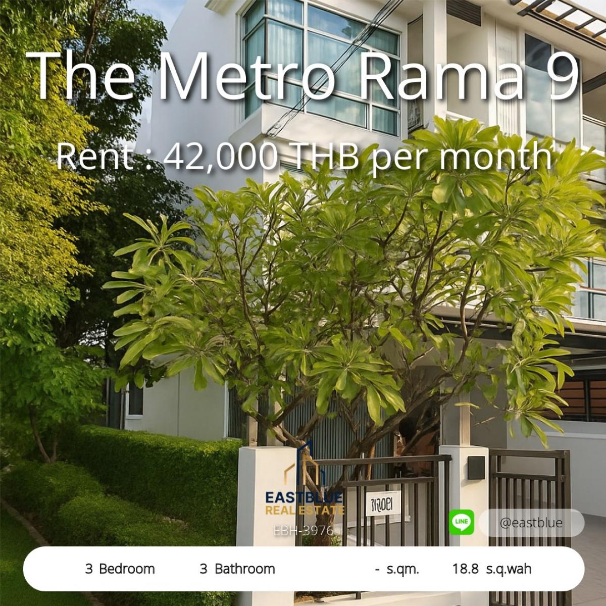 For RentTownhomeLadkrabang, Suwannaphum Airport : Townhome for rent, 3 bedrooms, The Metro Rama 9, near MRT, special price 42,000 baht/month. 
Single house, area 18.8 sq m., located in a prime location in the heart of Ratchada-Rama 9.