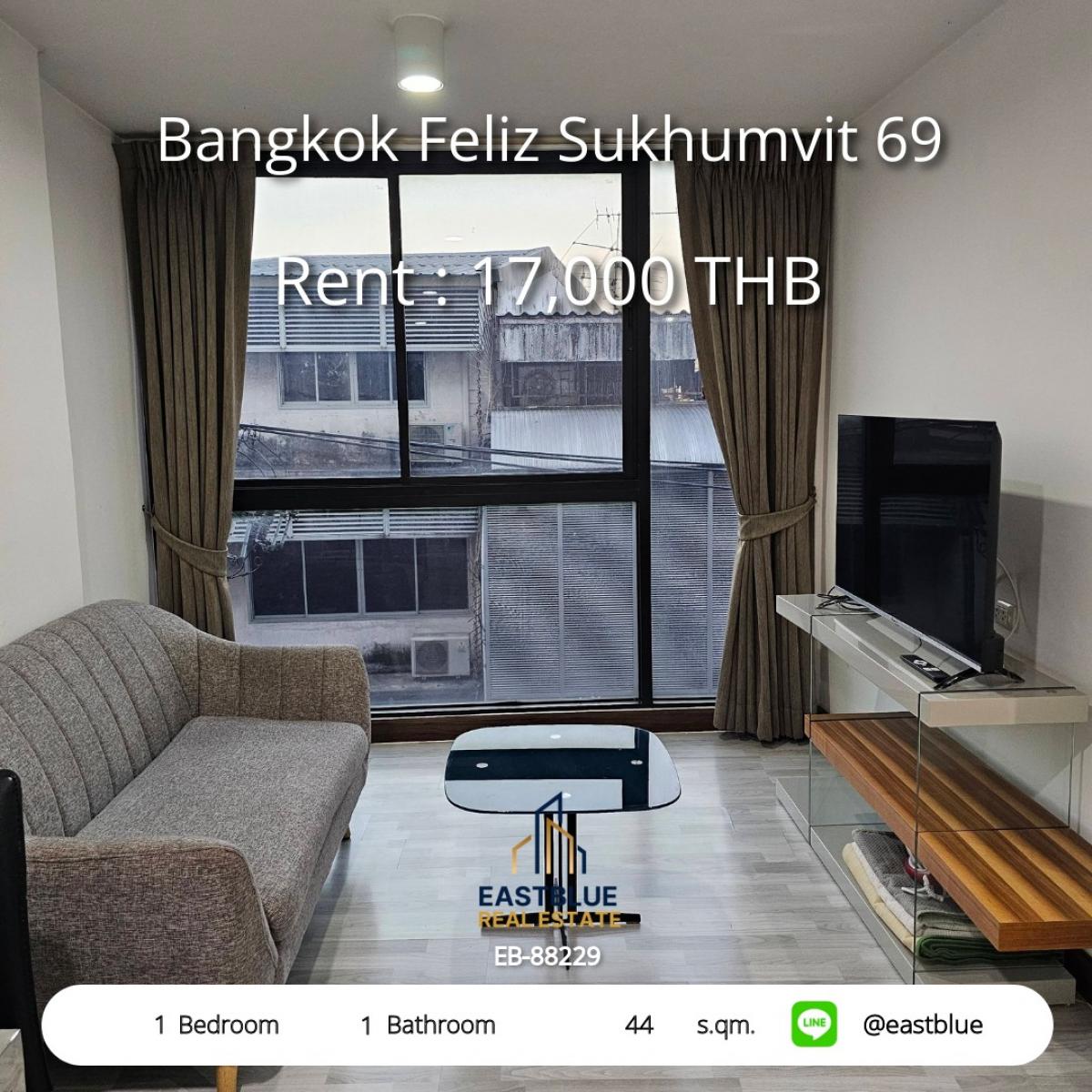 For RentCondoOnnut, Udomsuk : Rent a condo at Bangkok Feliz Sukhumvit 69, size 44 sqm.
Ready to move in, close to BTS Phra Khanong for only 17,000 baht/month!