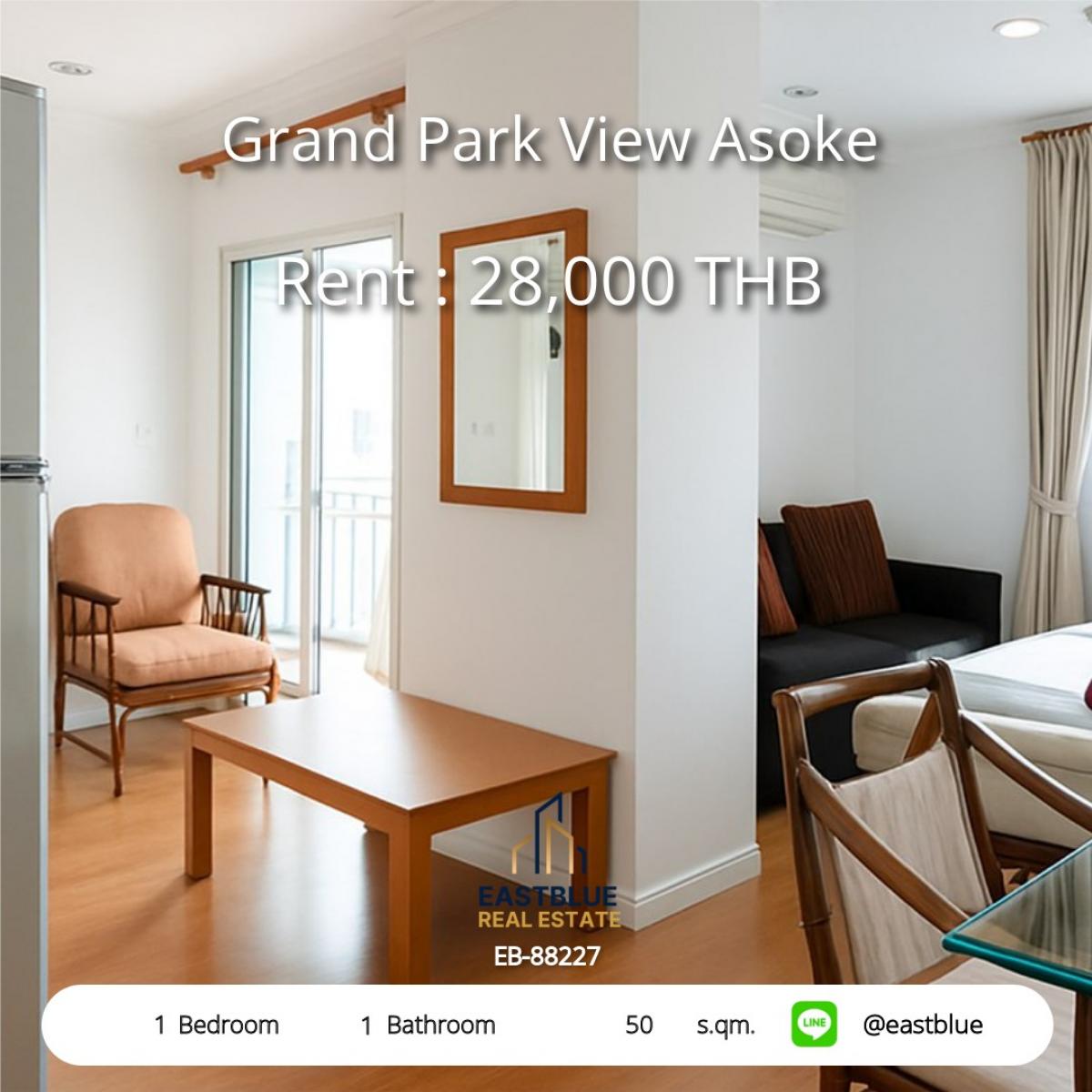 For RentCondoSukhumvit, Asoke, Thonglor : Luxury 1-bedroom condo in the heart of Asoke, close to BTS/MRT, fully furnished!
Grand Park View Asoke, 50 sqm, only 28,000 THB/month!