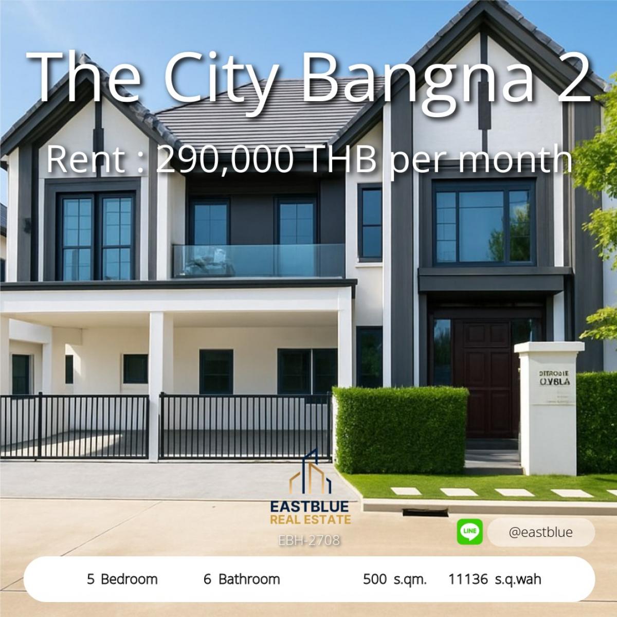 For RentHouseBangna, Bearing, Lasalle : Luxury single house English Tudor for rent, 5 bedrooms at The City Bangna 2. 
Near Mega Bangna with complete amenities, starting at 340,000 baht/month!