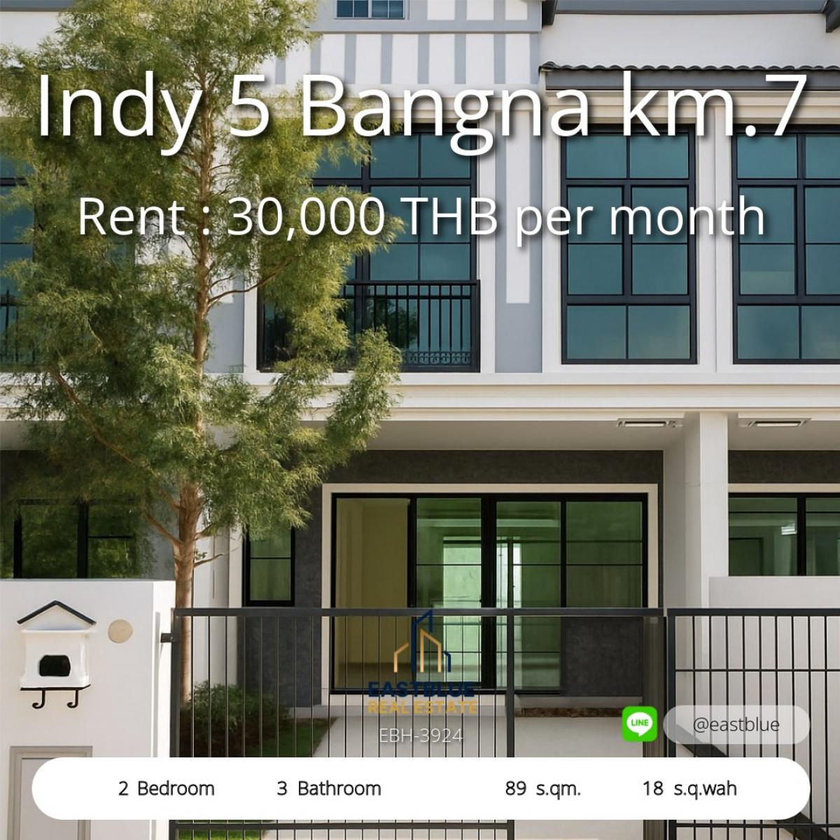 For RentTownhomeBangna, Bearing, Lasalle : Townhome for rent Indy 5 Bangna KM.7, fully furnished, ready to move in, 30,000 baht/month. 
Beautiful house with 2 bedrooms, decorated in vintage style, fully air conditioned, suitable for both living and working.