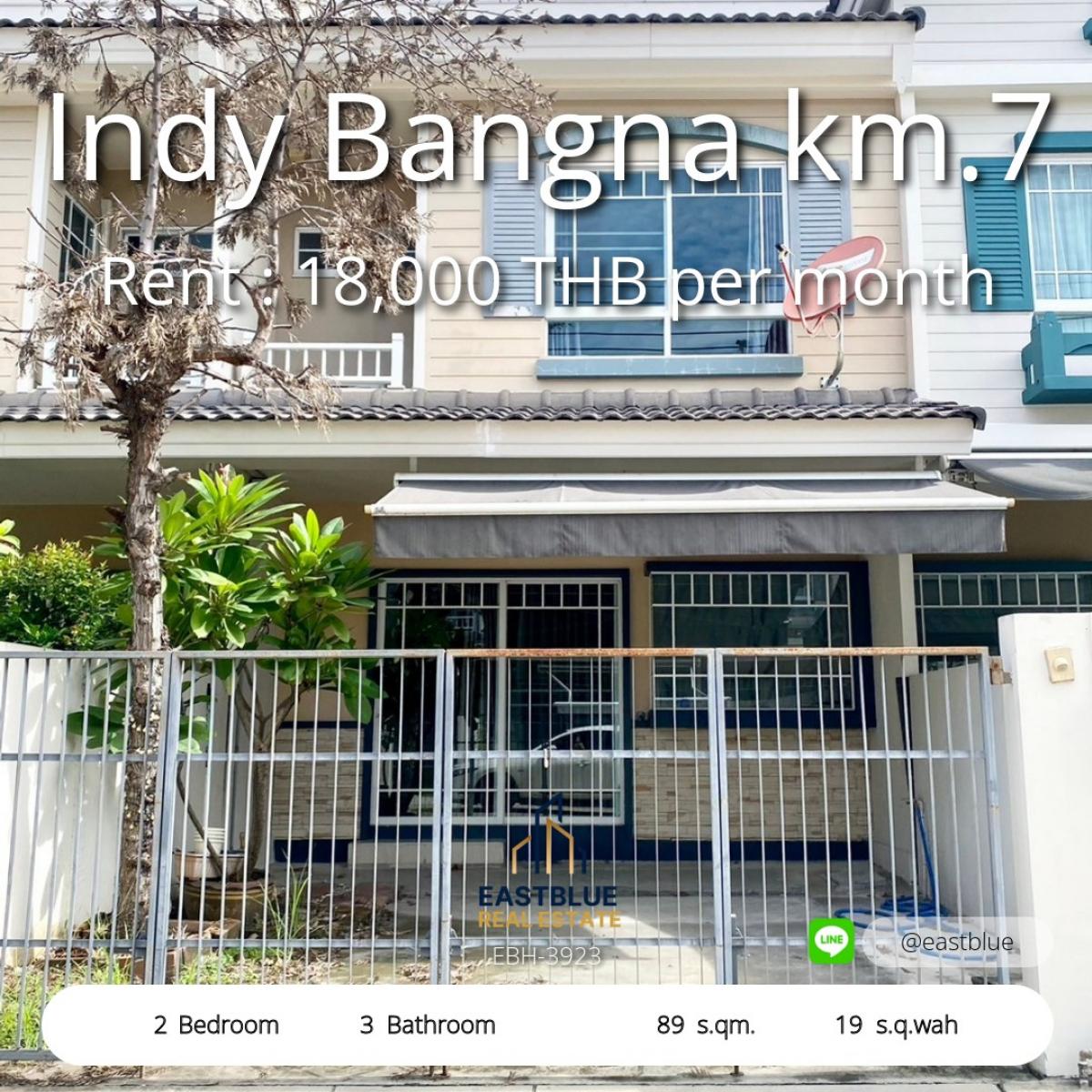 For RentTownhomeBangna, Bearing, Lasalle : Townhome for rent, Indy Bangna, 2 bedrooms, 18,000 baht per month, near the expressway and large department store. 
Beautiful house 89 sq m., land 19 sq m., convenient travel, Bangna zone km.7.