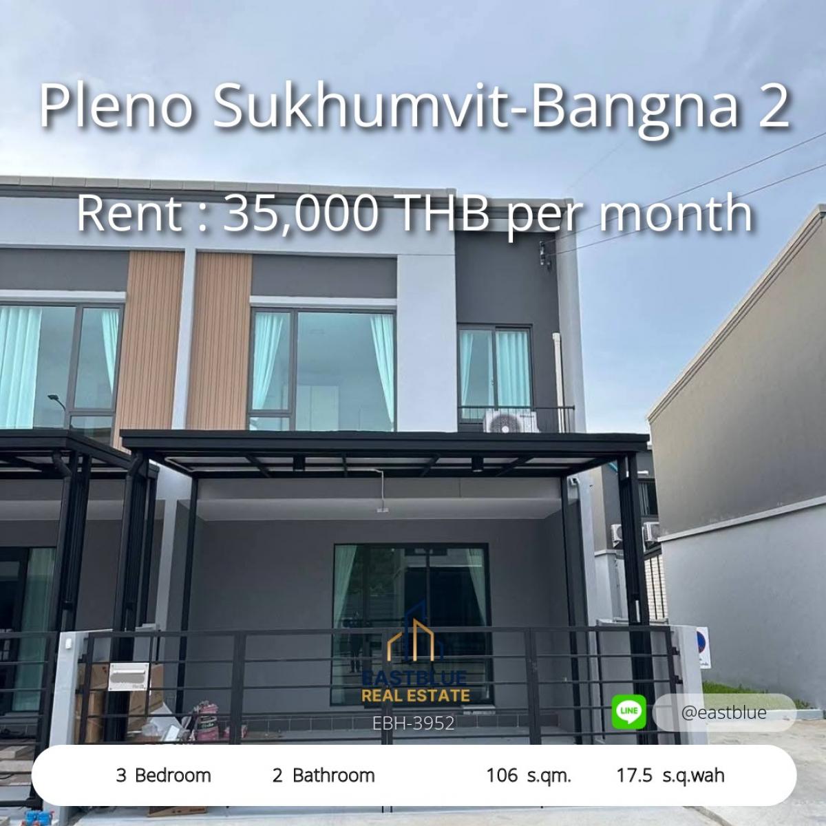 ให้เช่าทาวน์โฮมบางนา แบริ่ง ลาซาล : 12/02/2026, เช่าบ้านทาวน์โฮม Pleno สุขุมวิท-บางนา 3 ห้องนอน พร้อมเฟอร์ครบ 
ใกล้เมกะบางนา บ้านหลังริมลมเย็น ราคาเพียง 35,000 บาท/เดือน