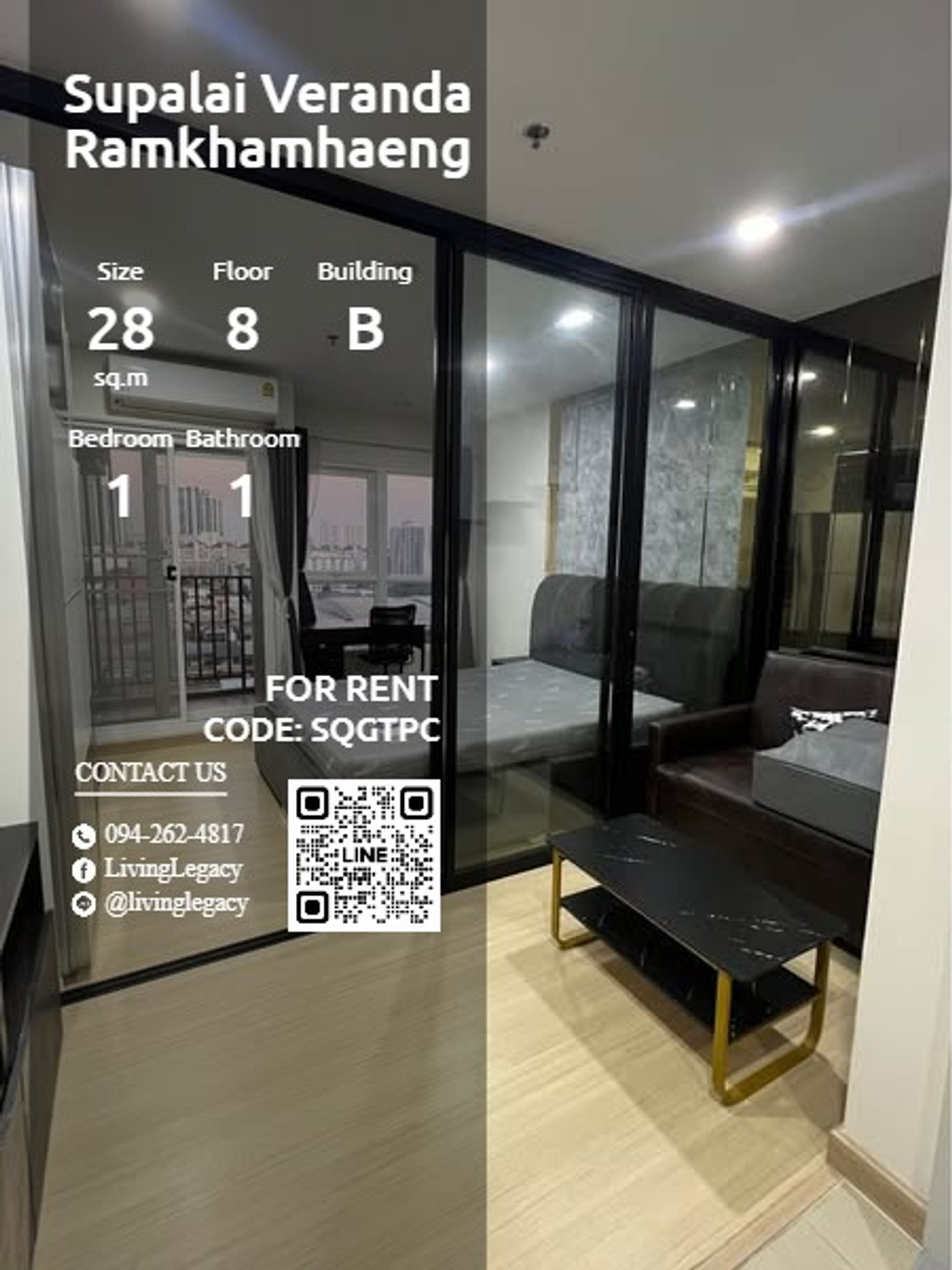 For RentCondoRamkhamhaeng, Hua Mak : SQGTPC Condo for rent Supalai Veranda Ramkhamhaeng 28 sq m, 8th floor, Building B line id : @livinglegacy