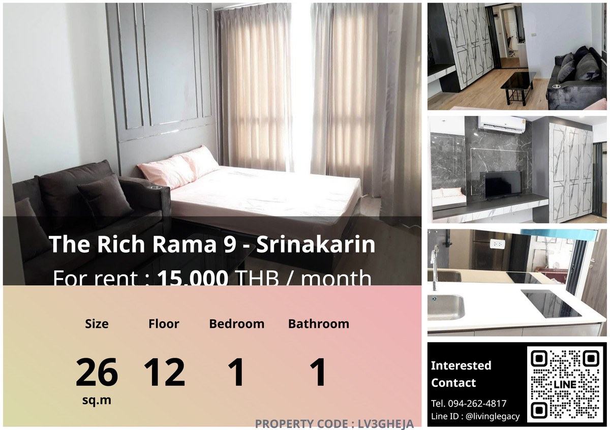 For RentCondoPattanakan, Srinakarin : LV3GHEJA Condo for rent The Rich Rama 9 - Srinakarin 26 sq m, 12th floor line id : @livinglegacy