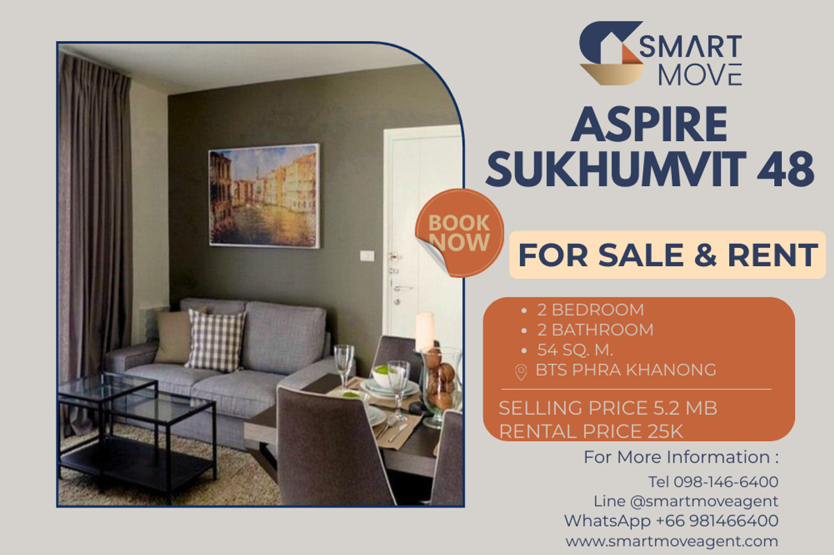 CondoOnnut, Udomsuk : 🔥 For Sale - Rent !! high floor 13++ !! 🔥 Code C20251000028..........Aspire Sukhumvit 48, 2 bedroom, 2 bathroom, furnished, ready to move in, Special Deal!!📣📣