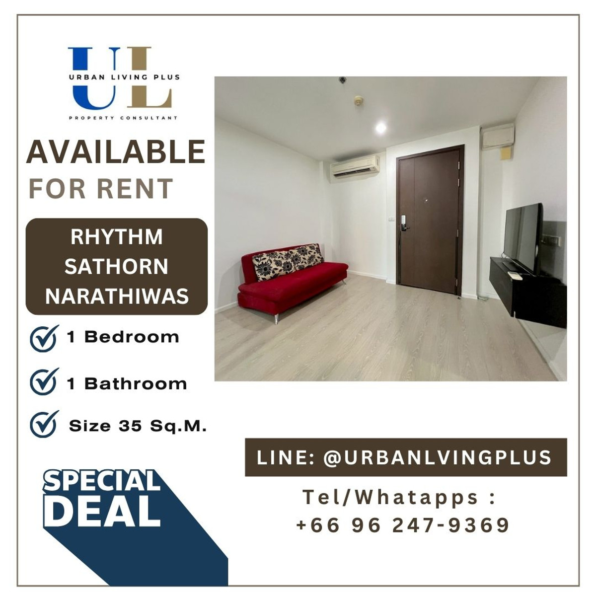 ให้เช่าคอนโดสาทร นราธิวาส : ( UL2401304 )✨ Tel/Line 096-2479369✨ ให้เช่า !! ริทึ่ม สาทร-นราธิวาส 1 ห้อนอน 1 ห้องน้ำ ขนาด 35 ตรม. ห้องสวย ราคาดีที่สุดๆ !!!