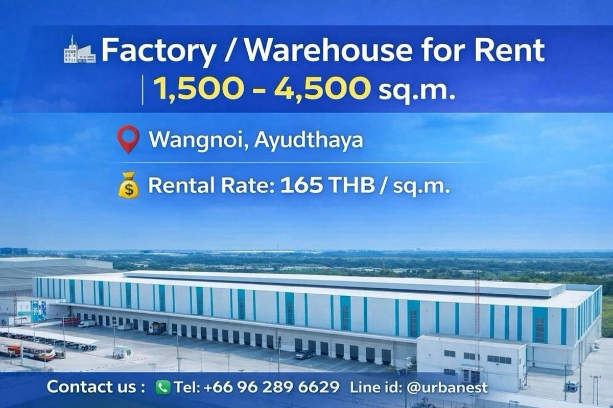 For RentWarehouseAyutthaya : 🏭 Factory / Warehouse for Rent | 1,500 - 4,500 sq.m.

📍 Wangnoi, Ayudthaya

💰 Rental Rate: 165 THB / sq.m.
📄 Minimum Lease Term: 3 years
🔹 Security Deposit: 5 months
🔹 Advance Rental: 1 month

📐 Property Details
	•	Total usable area: 1,500 sq.m.
  
