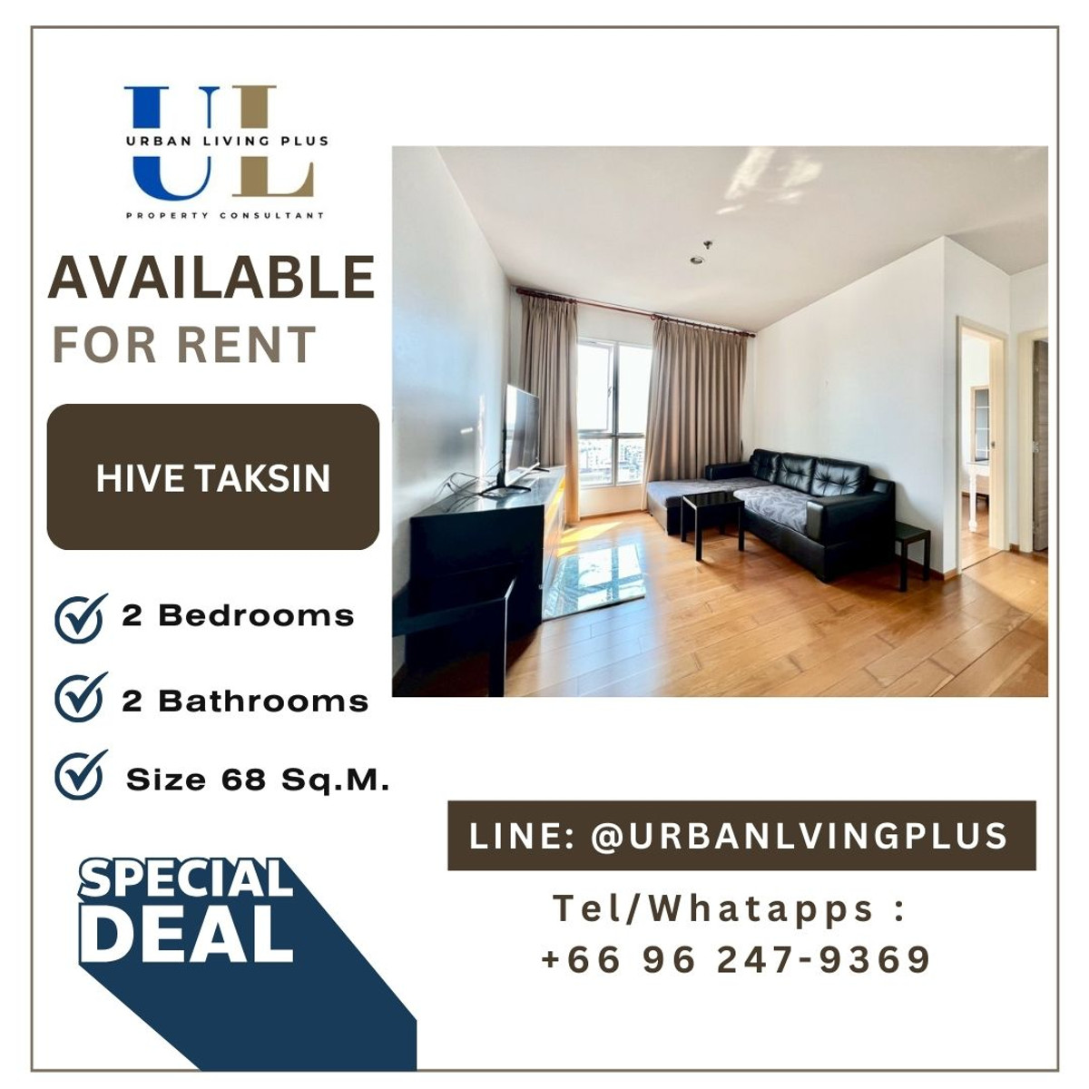 ให้เช่าคอนโดวงเวียนใหญ่ เจริญนคร : ( UL2601222 ) Tel/Line 096-247-9369✨ ให้เช่า !! ไฮฟ์ ตากสิน, 2 ห้อนอน 2 ห้องน้ำ ขนาด 68 ตร.ม. ห้องสวย ห้องมุม !!!