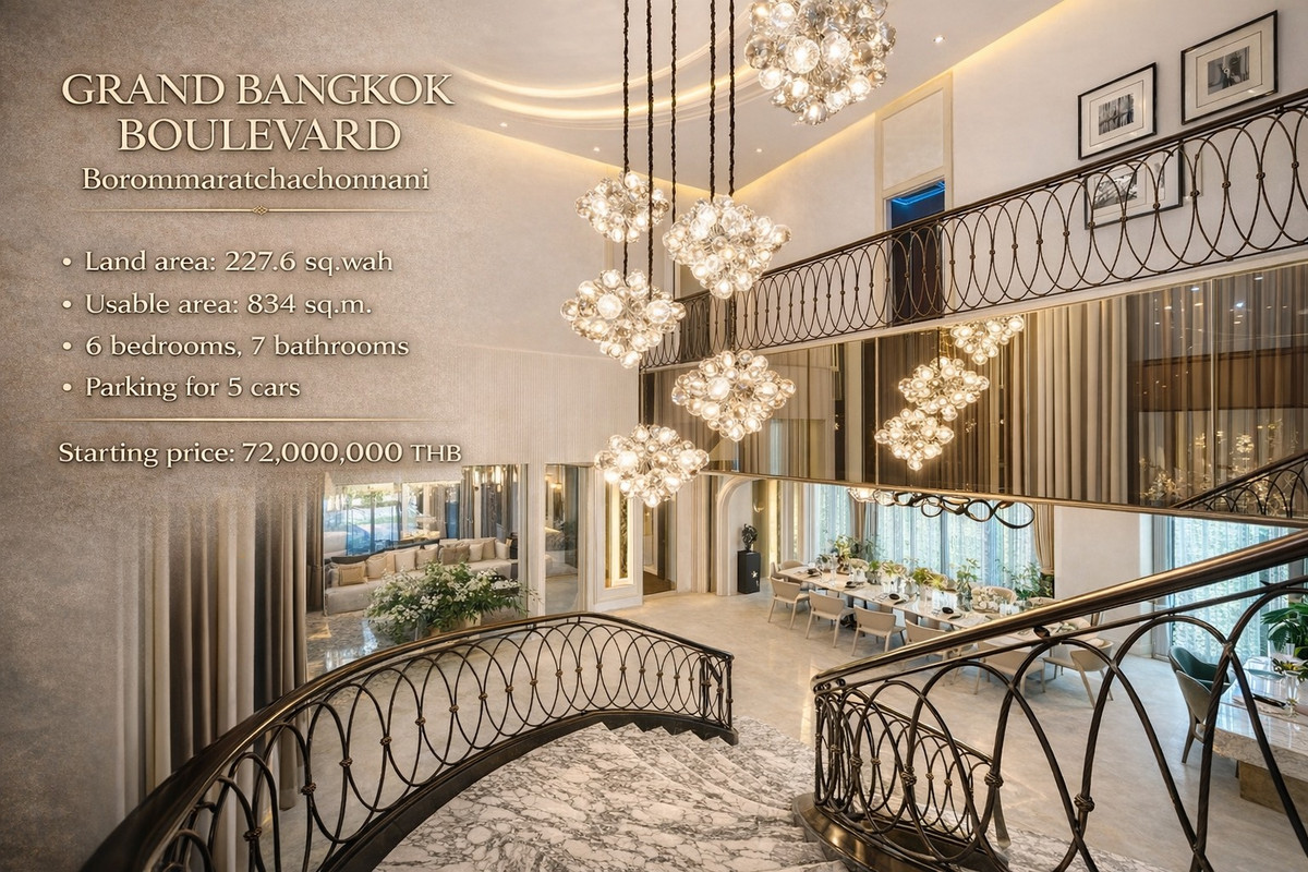 ขายบ้านปิ่นเกล้า จรัญสนิทวงศ์ : 🔹Grand Bangkok Boulevard บรมราชชนนี🔹ที่ดิน 227.6 ตารางวา • พื้นที่ใช้สอย 834 ตารางเมตร • 6 ห้องนอน 7 ห้องน้ำ • จอดรถได้ 5 คัน