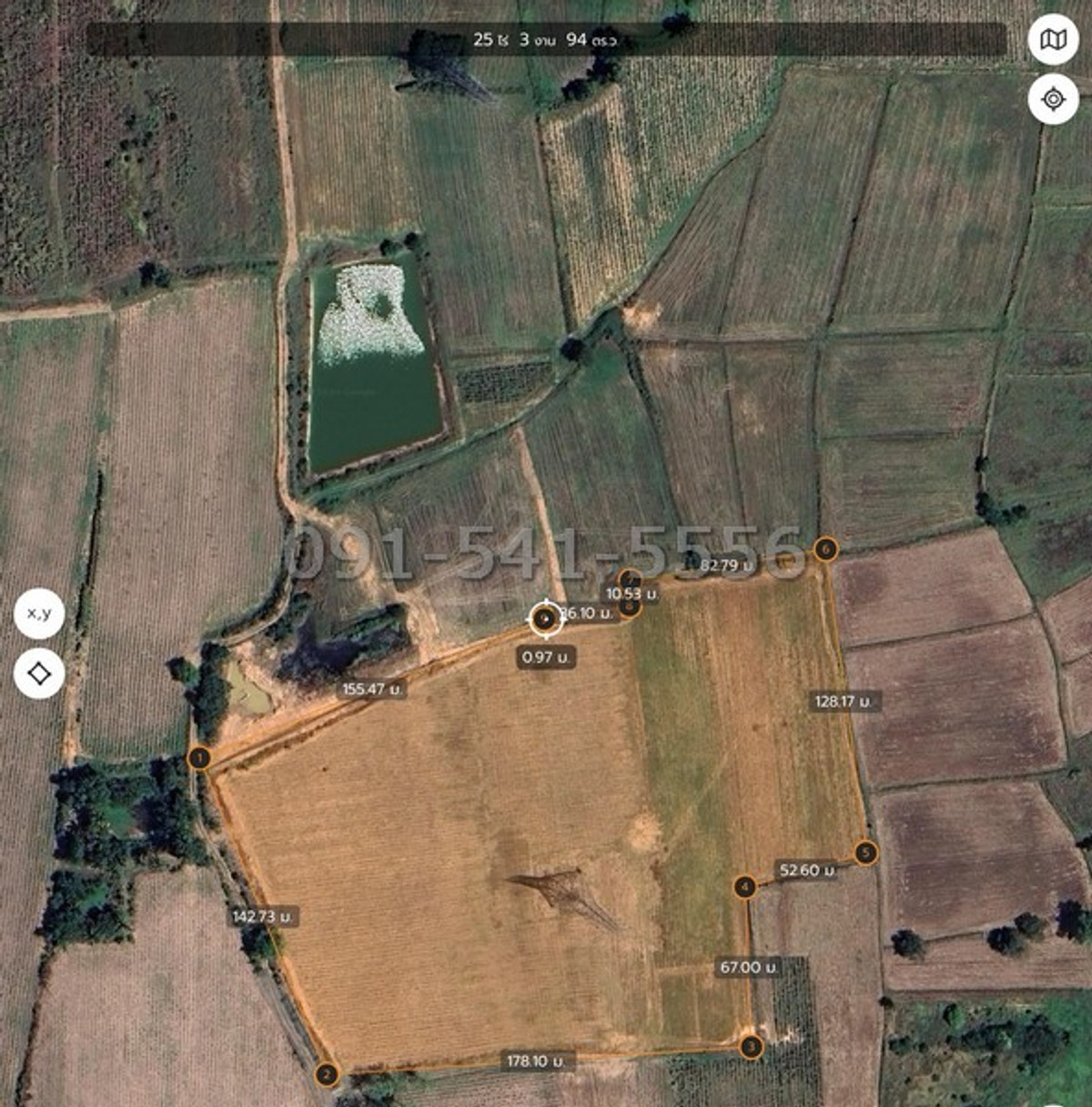 For SaleLandPak Chong KhaoYai : Land for sale, 25-3-93.3 rai, Sung Noen, Nakhon Ratchasima, next to an alley road, polygonal plot, quiet location, surrounded by agricultural land.