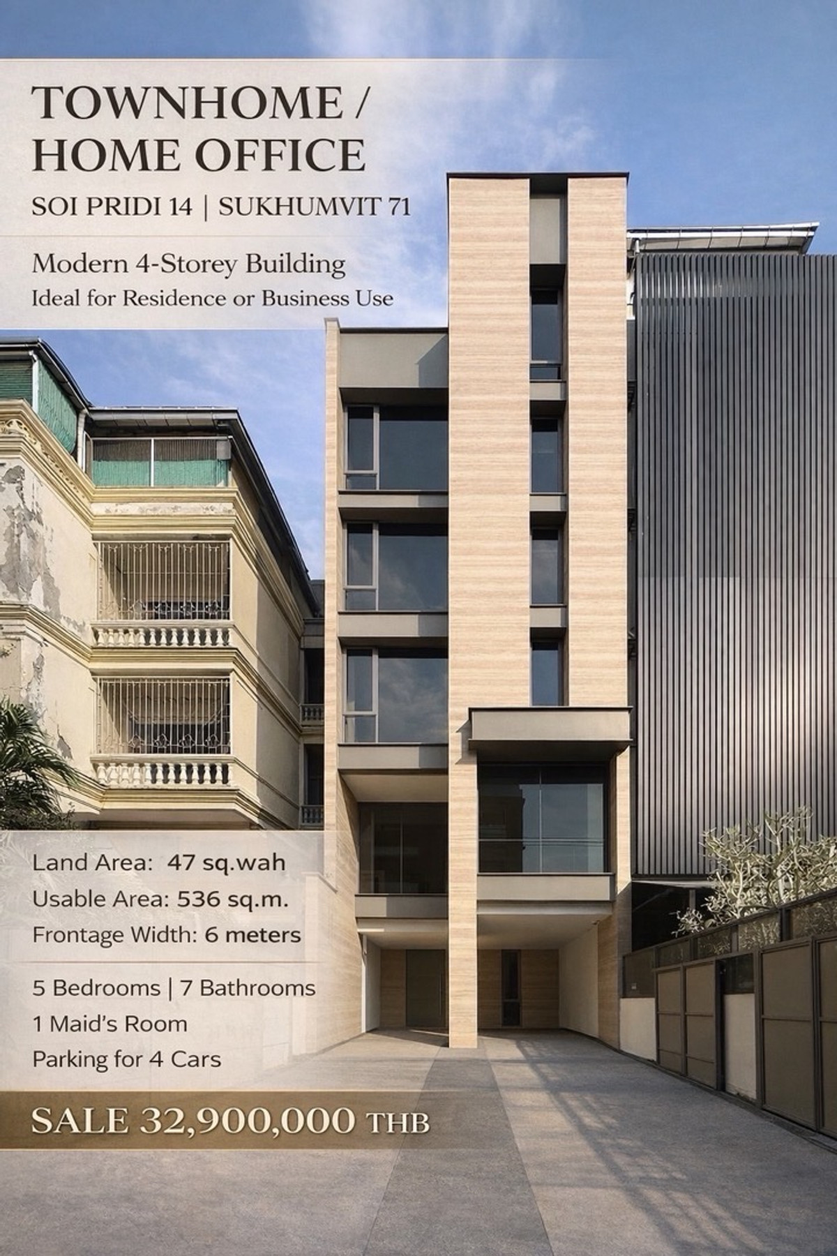 ขายทาวน์โฮมสุขุมวิท อโศก ทองหล่อ : 🔹Ultra-Modern Luxury Townhome & Home Office at Pridi  14 🔹• Land area: 47 sq.w. • Usable area: 536 sq.m.• Frontage: 6 meters • 4.5-storey building with double-volume entrance hall • 5 Bedrooms • 4 Multi-functional rooms • 7 Bathrooms (custom stone bas