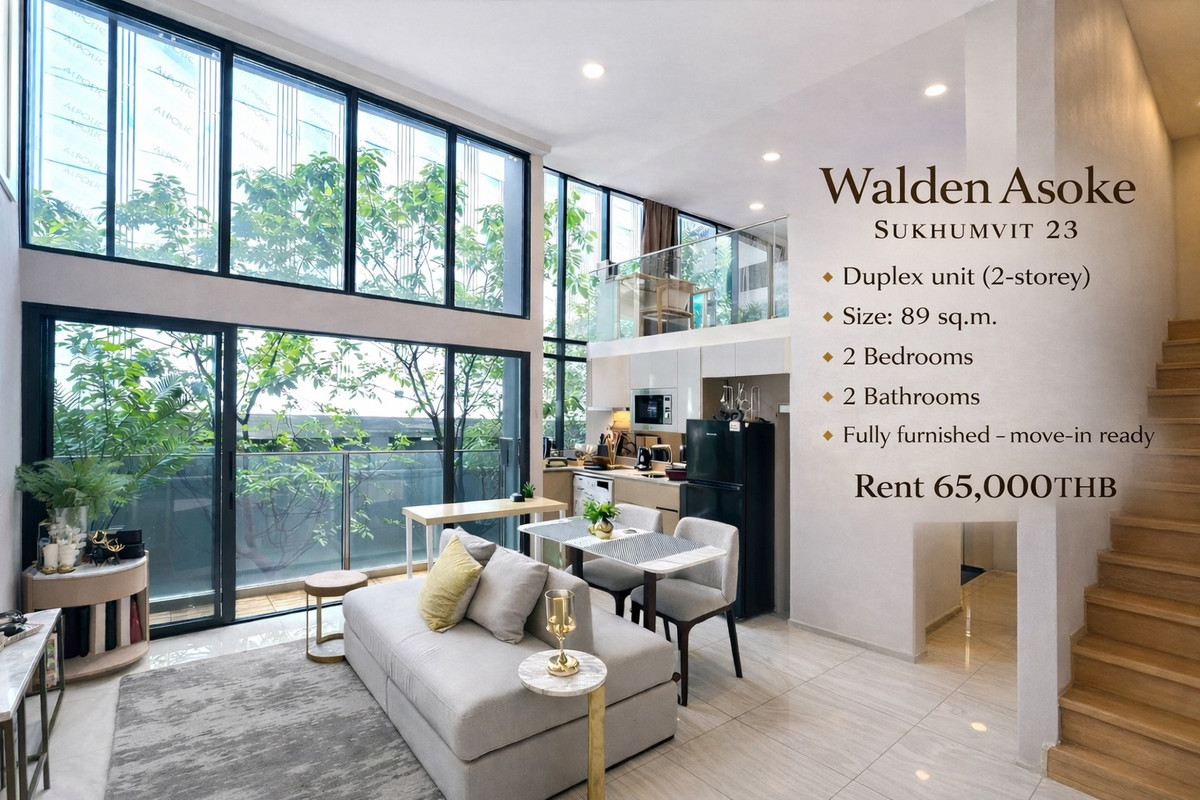 For RentCondoSukhumvit, Asoke, Thonglor : 🔹 Walden Asoke Sukhumvit 23 🔹 • Quiet, private, garden view • Duplex unit (2-storey) • Size: 89 sq.m. • 2 Bedrooms • 2 Bathrooms • Peaceful atmosphere with true “feel like home”