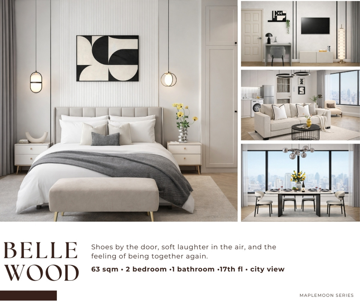 For SaleCondoRatchadapisek, Huaikwang, Suttisan : (owner) Bellewood x Subkaew Tower (Sapkaew Tower) 63sqm / 2bed+2bath, warm feel, suitable both for living alone or as a family home.