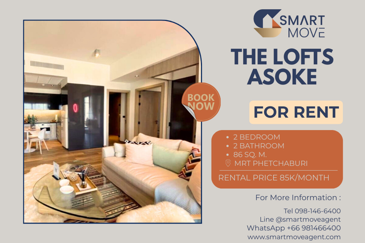 For RentCondoSukhumvit, Asoke, Thonglor : 🔥 For Rent !! Wide living room, high floor 11++, Good Location!! 🔥 Code C20221210806..........The Lofts Asoke, 2 bedroom, 2 bathroom, furnished, ready to move in📣📣