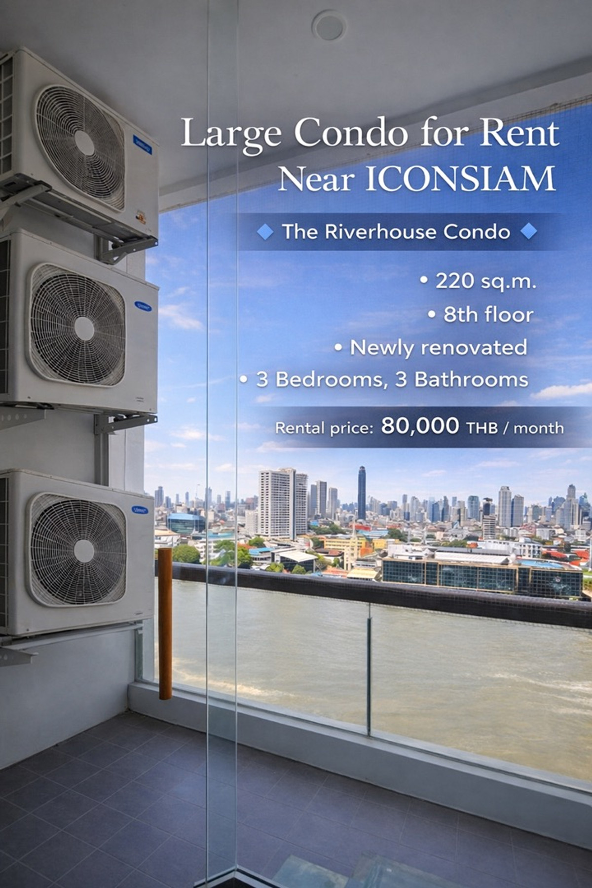 ให้เช่าคอนโดวงเวียนใหญ่ เจริญนคร : 🔹The Riverhouse Condo (icon siam)🔹 Spacious unit of 220 sq.m. • on the 8th floor • Newly renovated.
