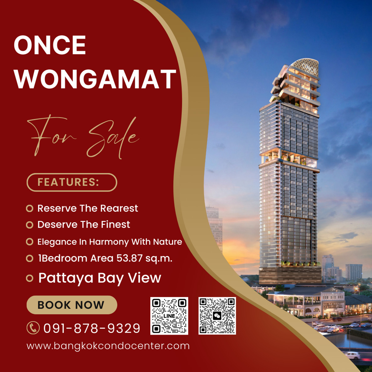 For SaleCondoPattaya, Bangsaen, Chonburi : 🎈ONCE WONGAMAT Ultimate Luxury Condominium in Pattaya 1Bedroom 1Bathroom Pattaya Bay view Area 53.87 sq.m. Fully Furnished ✅Sell Price 12.7x MB.