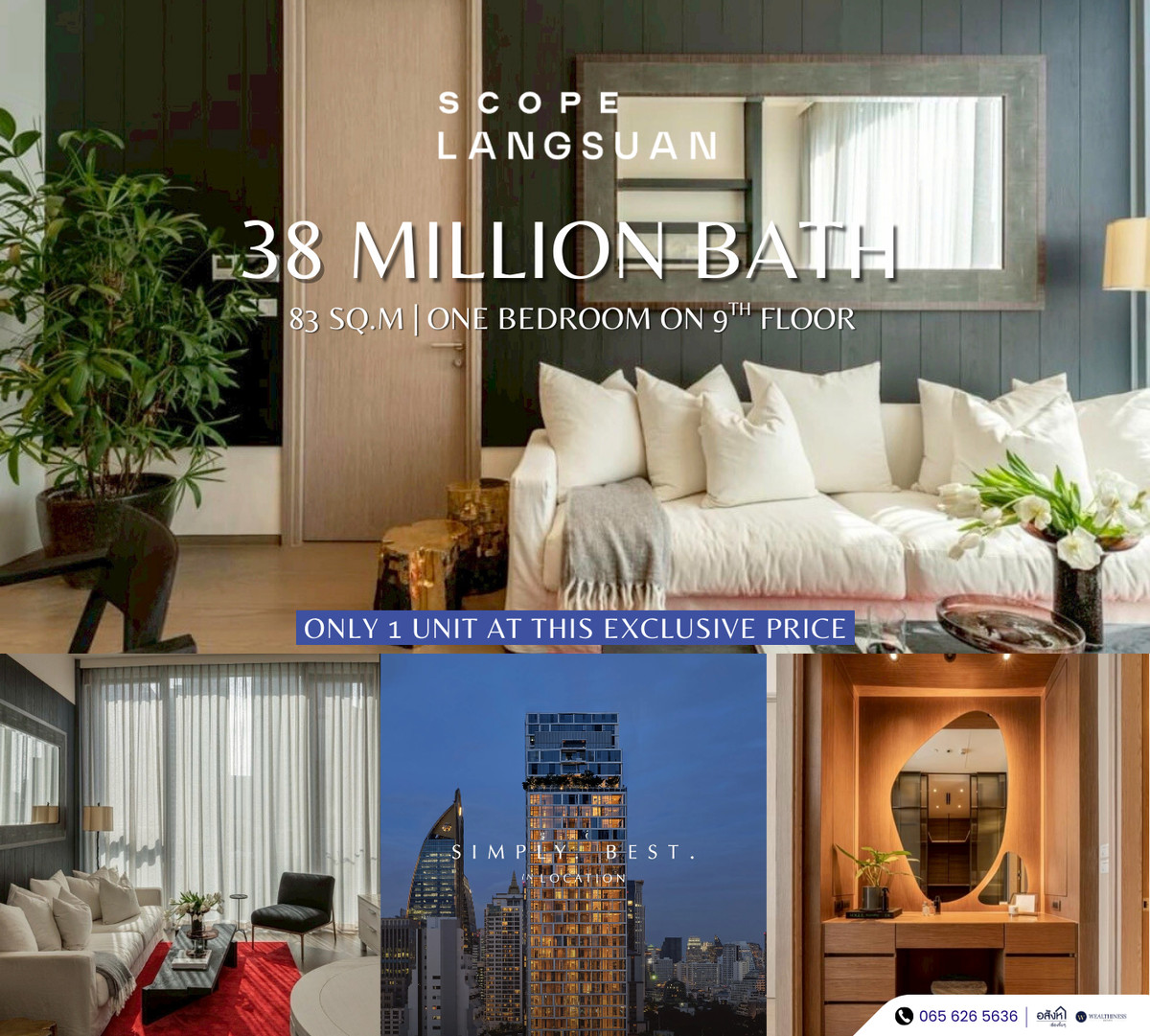 For SaleCondoWitthayu, Chidlom, Langsuan, Ploenchit : 🏢 SCOPE Langsuan | 1BR, High Floor, City View Pet-Friendly with no size restrictions Lowest price in the building 38 MB 📞 065-626-5636 (Kie)