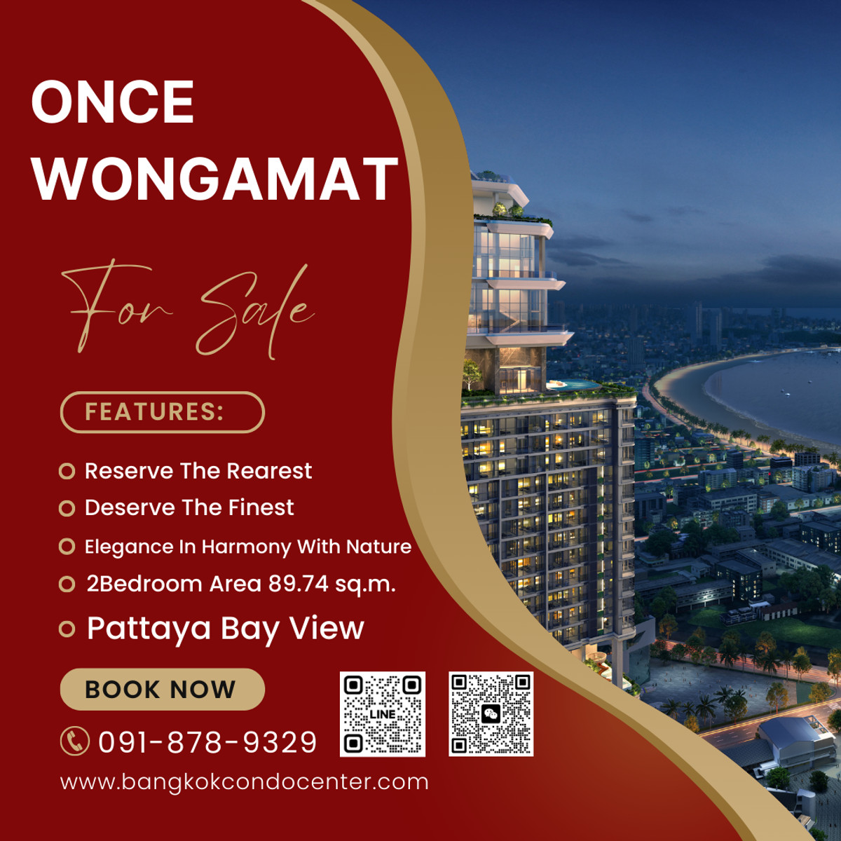For SaleCondoPattaya, Bangsaen, Chonburi : 🎈ONCE WONGAMAT RESERVE THE RAREST, DESERVE THE FINEST 2Bedroom 2Bathroom Pattaya Bay view Area 89.74 sq.m. Fully Furnished ✅Sell Price 24.2x MB.