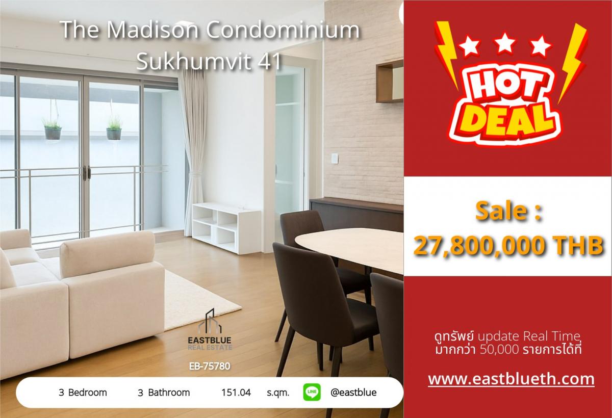 For SaleCondoSukhumvit, Asoke, Thonglor : Luxury condo with 3 bedrooms The Madison Sukhumvit 41 near BTS, ready to move in!
For sale at 27.8 million THB with complete facilities in the heart of the promotional area!