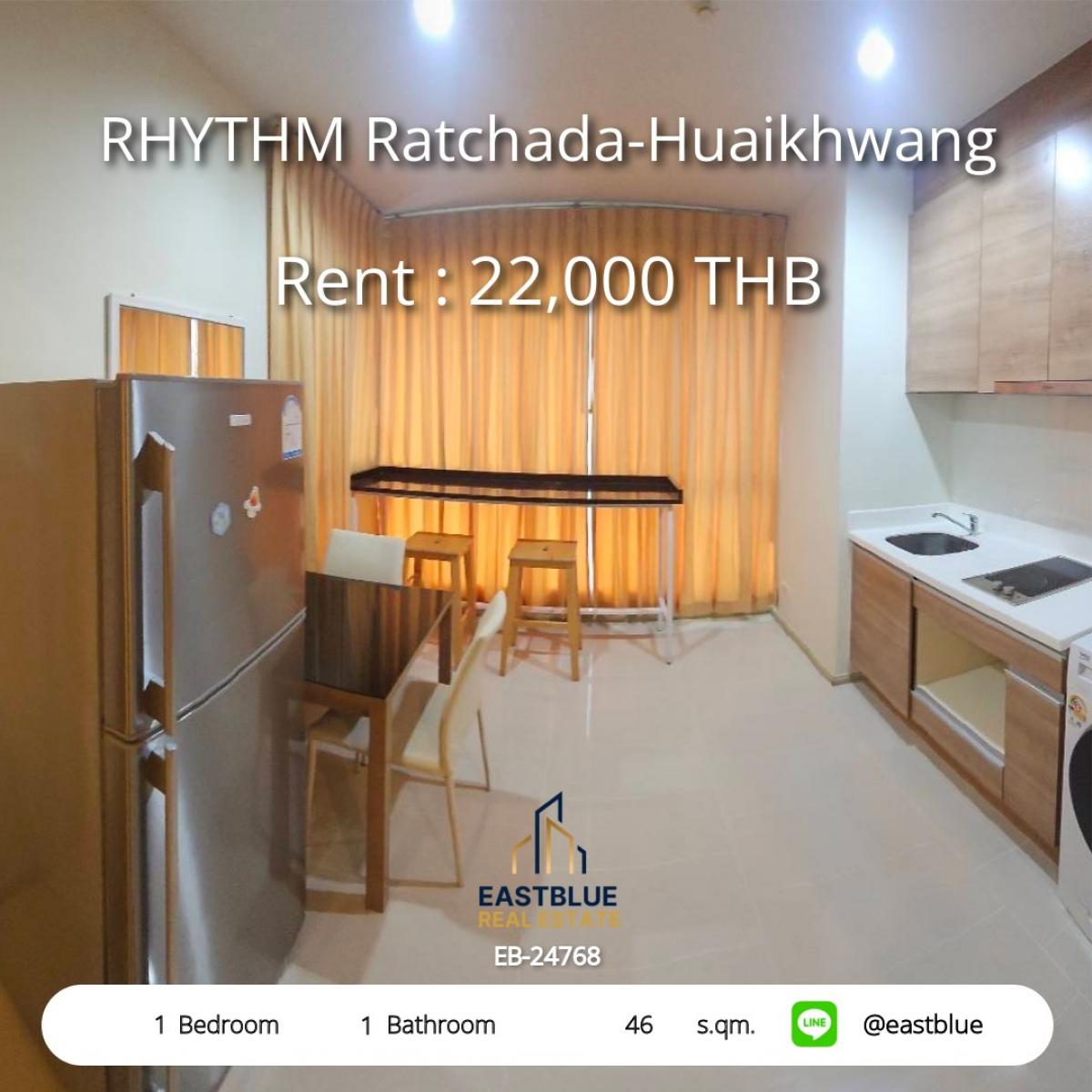 For RentCondoRatchadapisek, Huaikwang, Suttisan : Rhythm Ratchada-Huai Khwang Condo 1 bedroom ready to move in, near Huai Khwang MRT
only 22,000 Baht/month, size 46 sq.m., fully furnished, convenient for all travel!