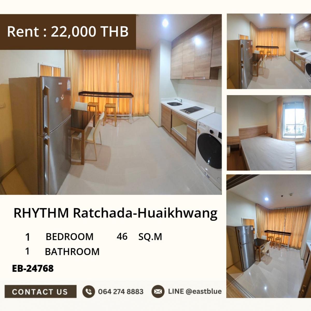For RentCondoRatchadapisek, Huaikwang, Suttisan : Condo Rhythm Ratchada-Huai Khwang 1 bedroom, ready to move in, near Huai Khwang MRT
Only 22,000 THB/month, size 46 sq.m., fully furnished, convenient for all travel!