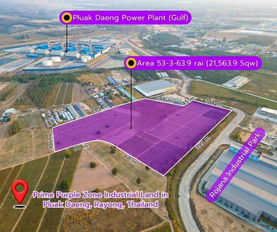 ขายที่ดินระยอง : ขาย ที่ดิน อุตสาหกรรมศักยภาพสูง 53 ไร่ 3 งาน 63.90 ตรว ติดนิคมอุตสาหกรรมโรจนะ