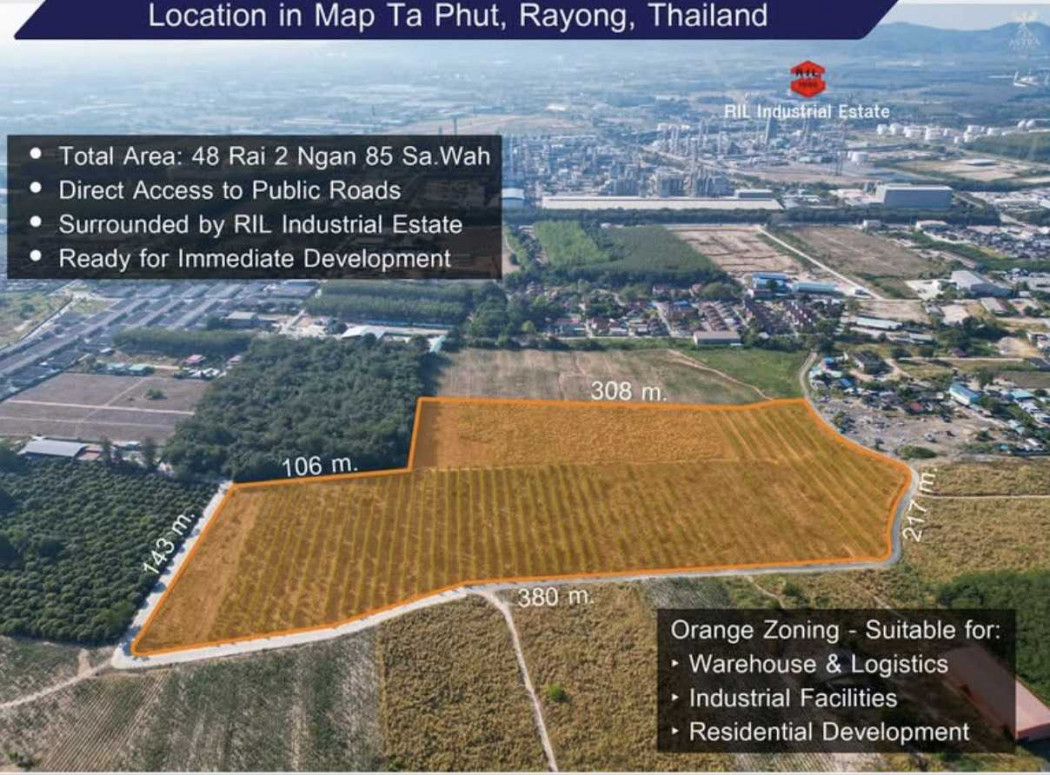 ขายที่ดินระยอง : ขาย ที่ดิน ศักยภาพสูง ทำเลทอง 48 ไร่ 2 งาน 85 ตรว ใจกลางโซนอุตสาหกรรม ผังสีส้ม