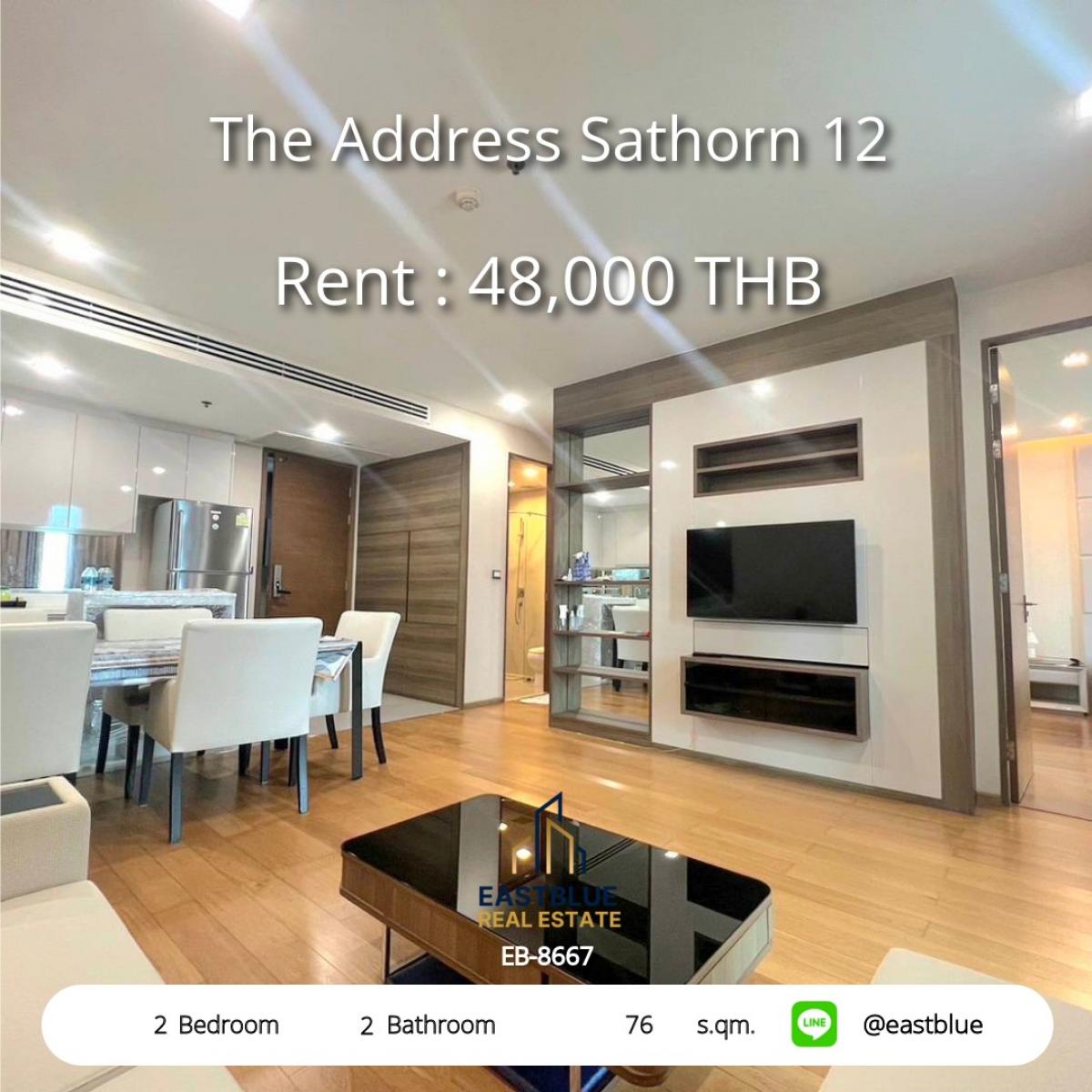 For RentCondoSathorn, Narathiwat : The Address Sathorn 12 | 2 Bed, 2 Bath, 76 sqm - In the heart of Chong Nonsi
Rent 48,000฿/month with complete facilities!