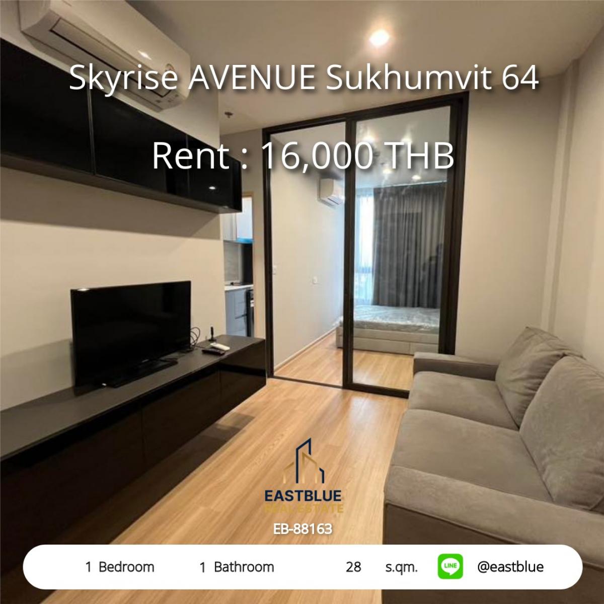 ให้เช่าคอนโดอ่อนนุช อุดมสุข : 28/01/2026, เช่า Skyrise AVENUE Sukhumvit 64 ขนาด 28 ตรม. ใกล้ BTS ปุณณวิถี 
1 ห้องนอน พร้อมสระว่ายน้ำและฟิตเนส ราคาเพียง 16,000 บาท/เดือน!