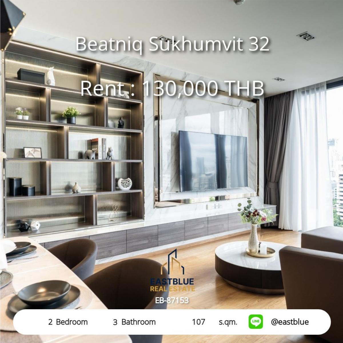 For RentCondoSukhumvit, Asoke, Thonglor : For rent: Beatniq condo Sukhumvit 32, 2 bedrooms, 3 bathrooms
Near Thonglor BTS, size 107 sqm, only 130,000 baht/month!