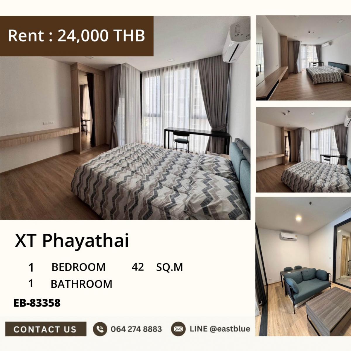 For RentCondoRatchathewi,Phayathai : Rent a condo at XT Phayathai, 1 bedroom, near BTS/MRT, fully equipped fitness center, ready to move in with just your suitcase!
42 sq.m. for only 24,000 Baht/month, in the city center, close to shopping, hospitals, and schools.