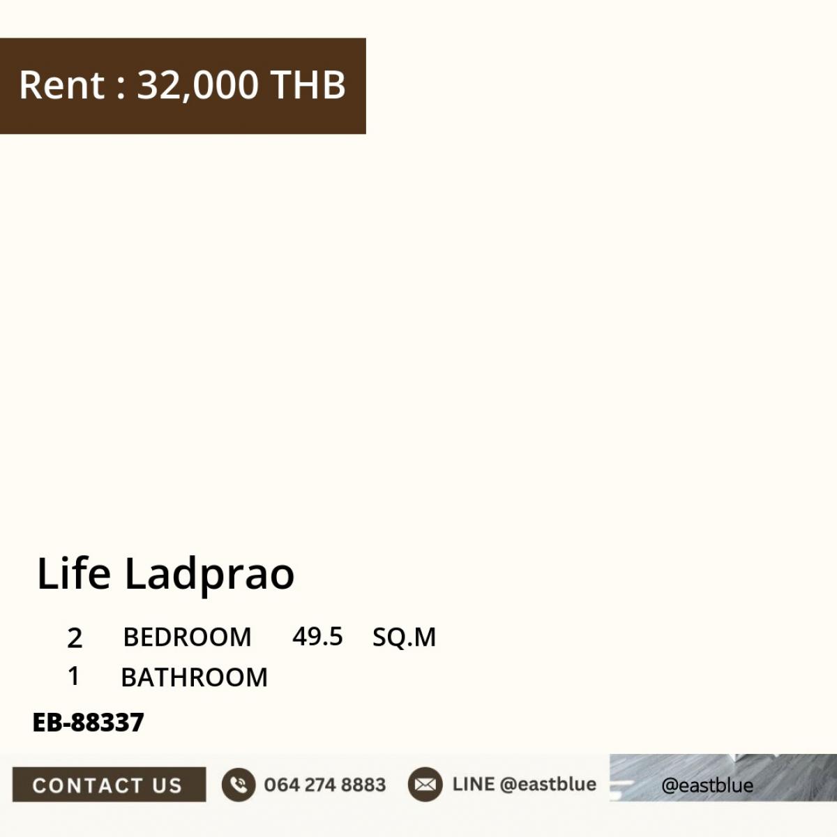 For RentCondoLadprao, Central Ladprao : 2 Bed Condo Life Ladprao near BTS Ha Yaek Lat Phrao
Rent for only 32,000 Baht/month with fitness-pool, great value!