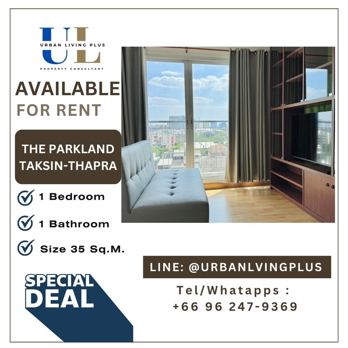 ให้เช่าคอนโดท่าพระ ตลาดพลู วุฒากาศ : ( UL2601294 ) Tel/Line 096-2479369 , ให้เช่า เดอะพาร์คแลนด์ ตากสิน - ท่าพระ 1 ห้องนอน 1 ห้องน้ำ ขนาด 35 ตร.ม. ไม่เคยปล่อยเช่า ชั้นไม่สูง