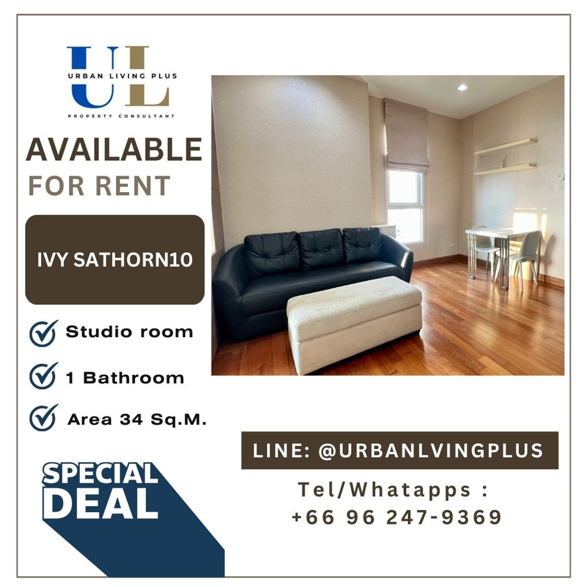 ให้เช่าคอนโดสาทร นราธิวาส : ( UL2602021 ) Tel/Line 096-2479369 , ให้เช่า ไอวี่ สาทร12 , ห้องสตูดิโอ 1 ห้องน้ำ 35 ตร.ม. ห้องหายาก ราคาดีมาก BTS เซ็นหลุยส์ คอนโดใจกลางสาทร !!!