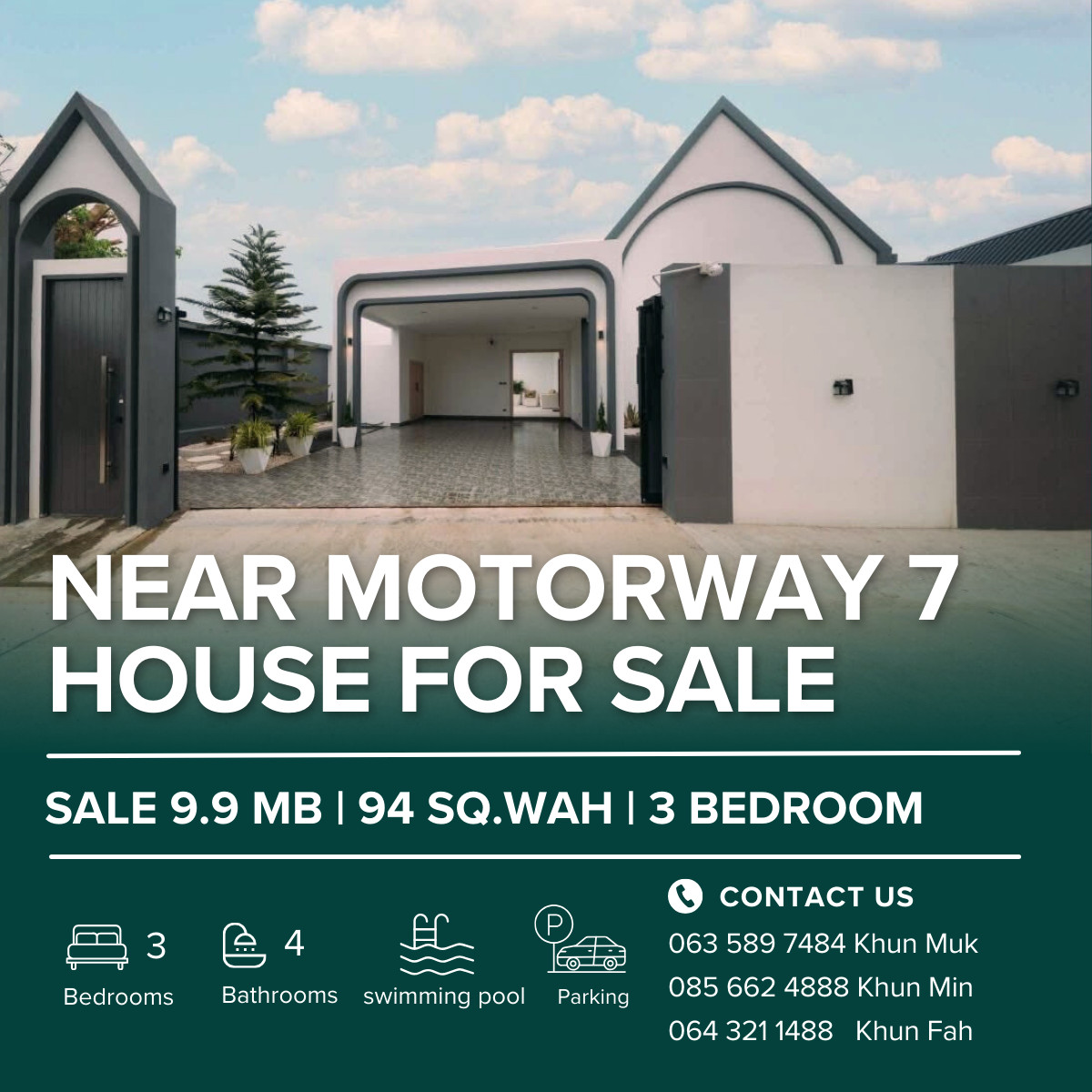 For SaleHousePattaya, Bangsaen, Chonburi : 📍 Great location! Single house, 3 bedrooms, 2 bathrooms, kitchen, 2 zones, near Motorway 7 | Special price 9.9 million baht.