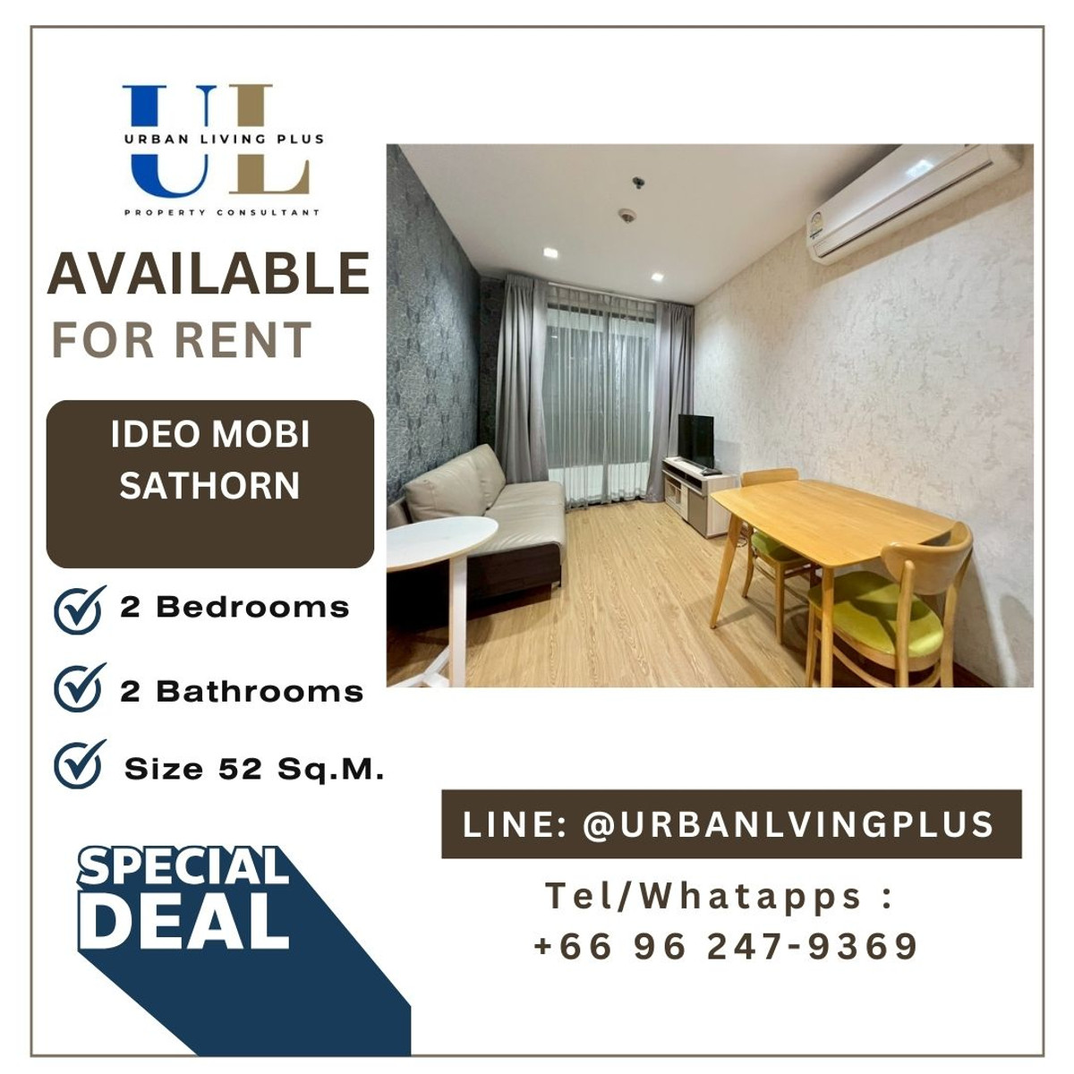 For RentCondoWongwianyai, Charoennakor : ( UL2601292 ) Tel/Line 096-2479369 , FOR RENT !! IDEO MOBI SATHORN 2 bedrooms 2 bathroom 52 Sq.M., Corner unit, Hot deal
