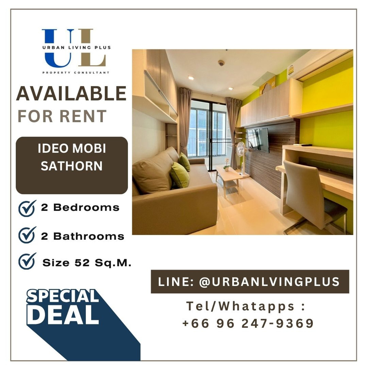 For RentCondoWongwianyai, Charoennakor : ( UL2601291 ) Tel/Line 096-2479369 , FOR RENT !! IDEO MOBI SATHORN 2 bedrooms 2 bathroom 52 Sq.M., Corner unit, Hot deal